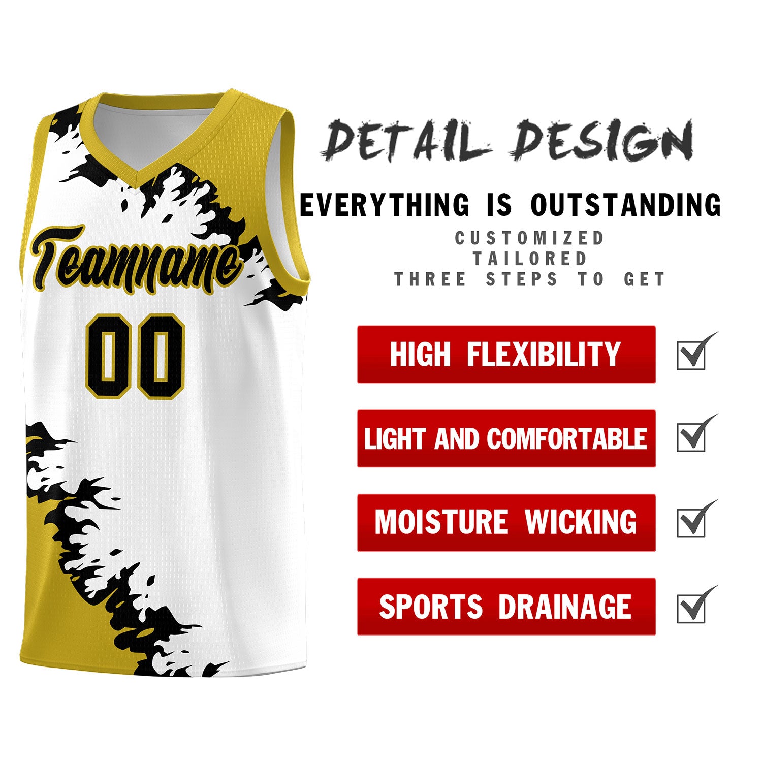 Custom White Old Gold-Black Sparkle Print Pattern Basketball Kits