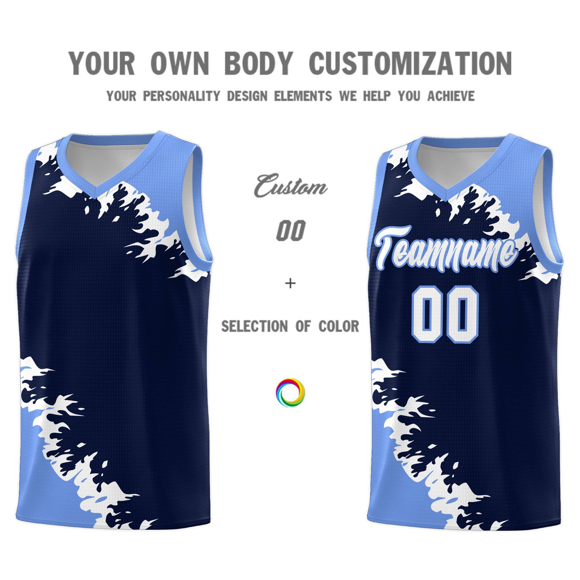 Custom Navy Light Blue-White Sparkle Print Pattern Basketball Kits