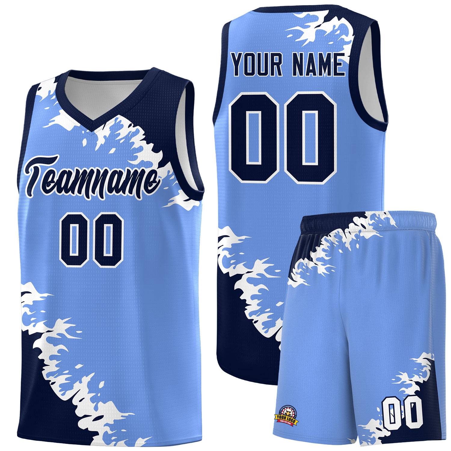 Custom Light Blue Navy-White Sparkle Print Pattern Basketball Kits