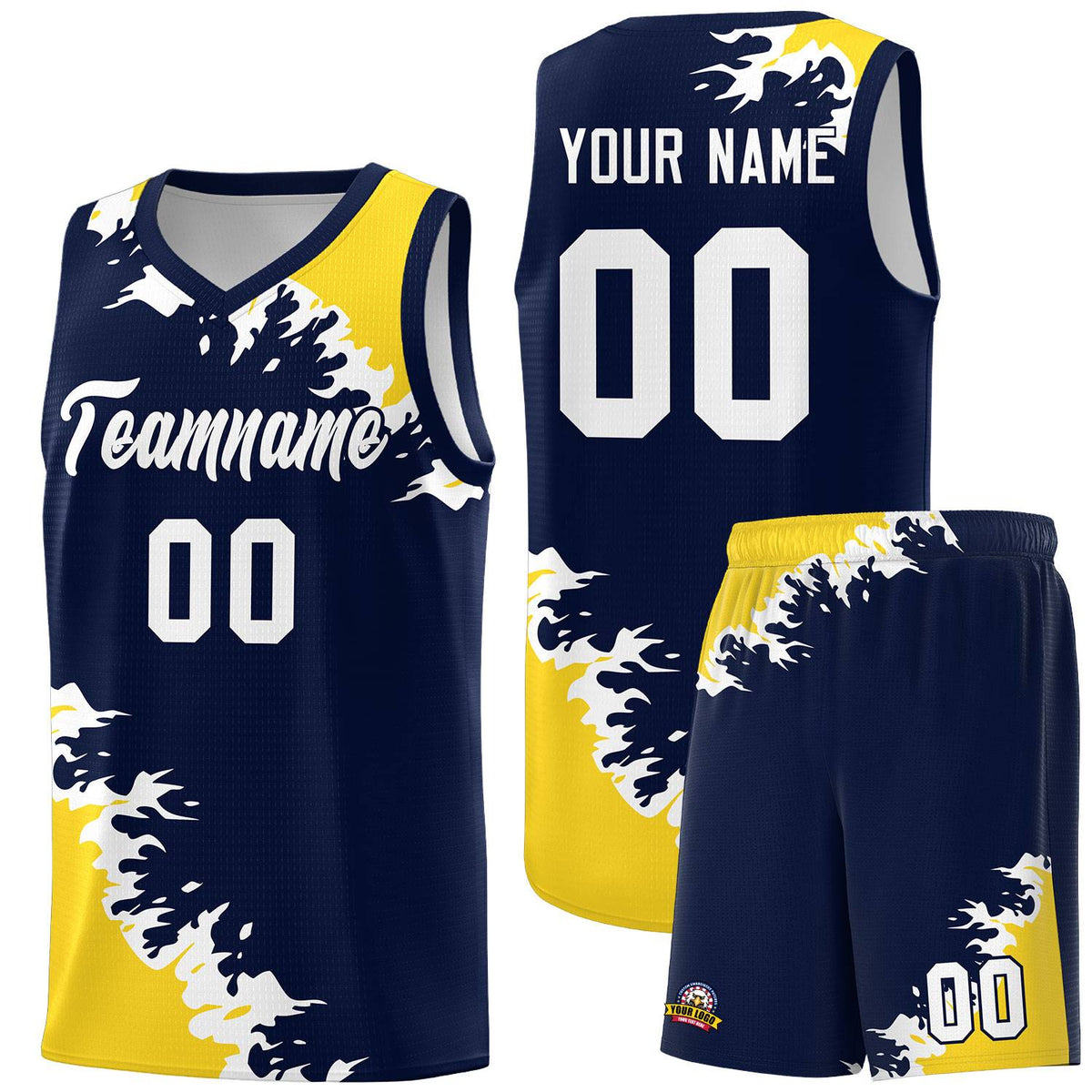 Custom Navy Gold-White Sparkle Print Pattern Basketball Kits