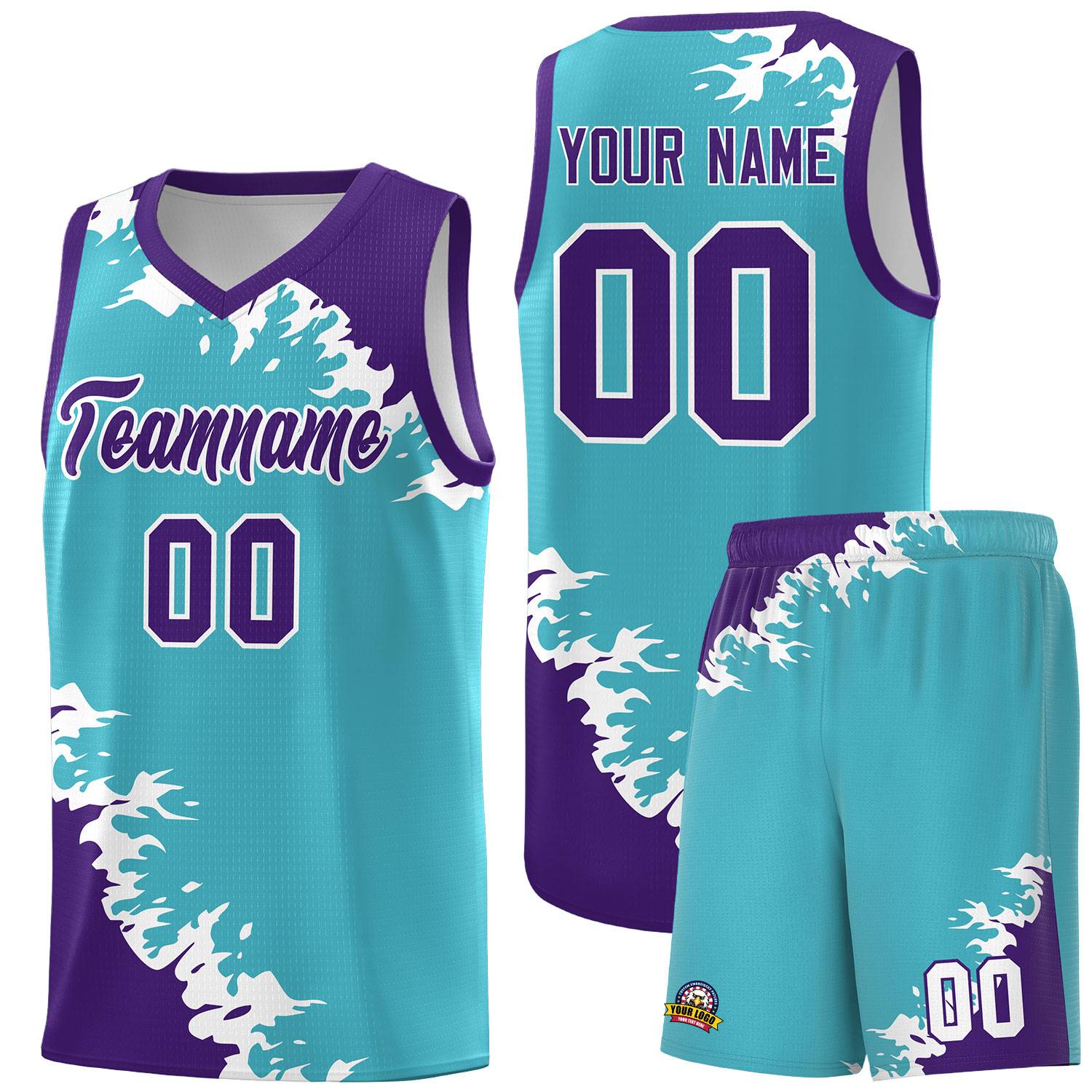 Custom Sky Blue Purple-White Sparkle Print Pattern Basketball Kits