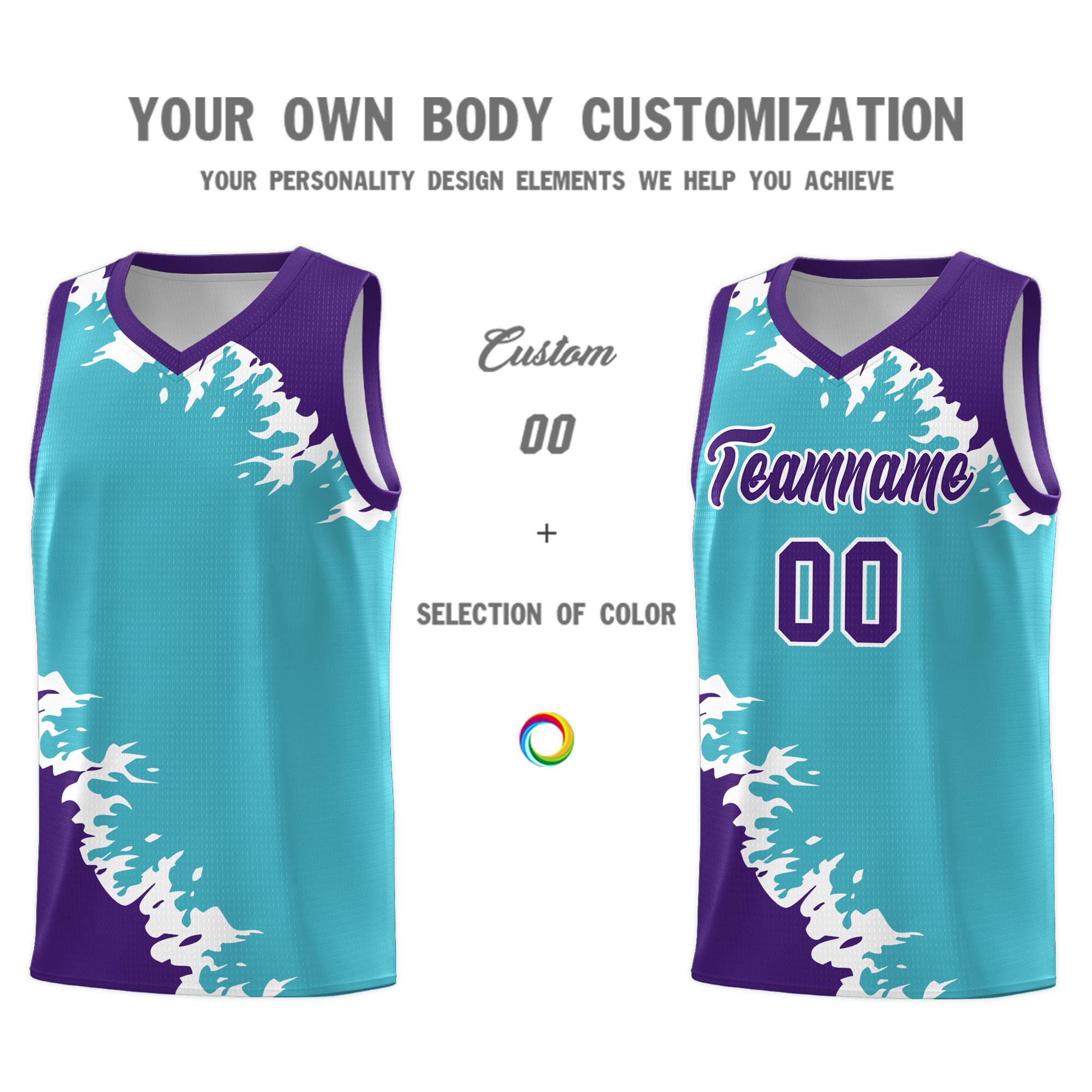 Custom Sky Blue Purple-White Sparkle Print Pattern Basketball Kits