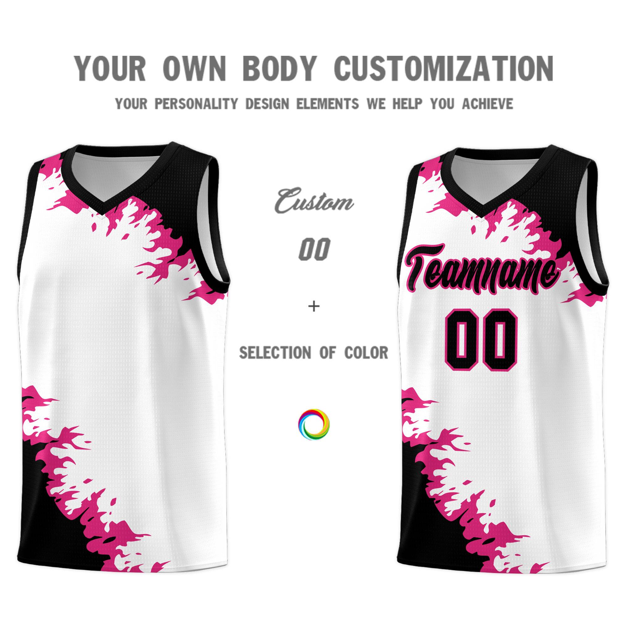 Custom White Black-Rose Red Sparkle Print Pattern Basketball Kits