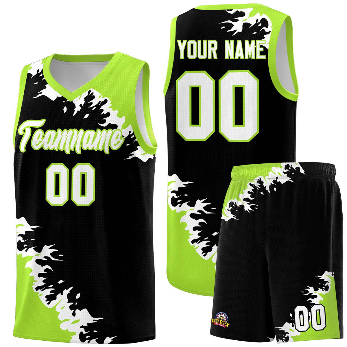 Custom Black Neon Green-White Sparkle Print Pattern Basketball Kits