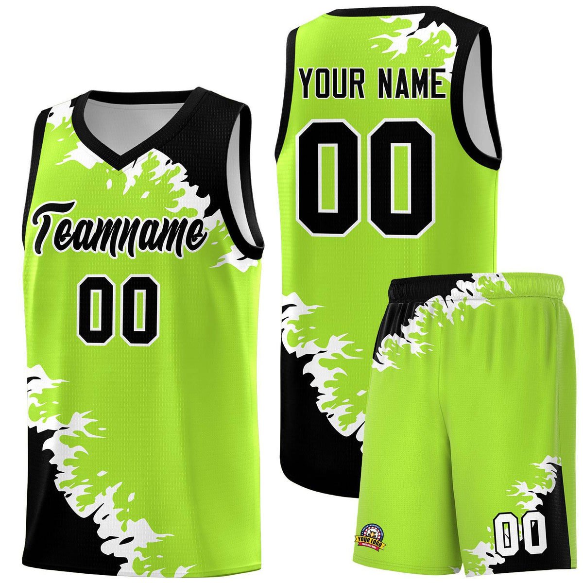 Custom Neon Green Black-White Sparkle Print Pattern Basketball Kits