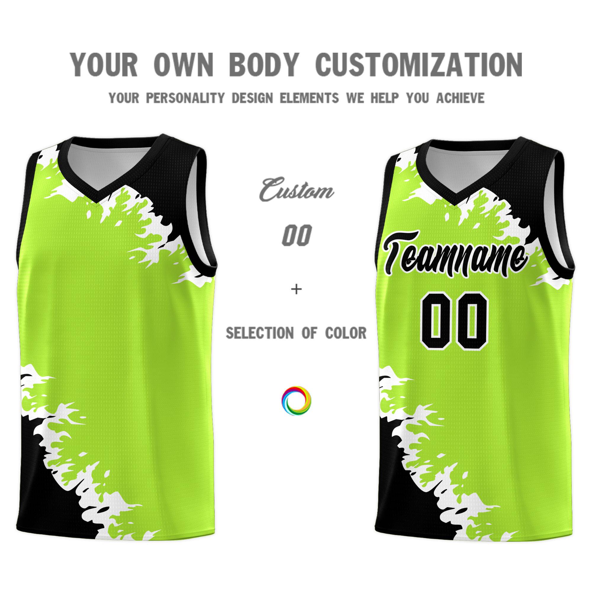 Custom Neon Green Black-White Sparkle Print Pattern Basketball Kits
