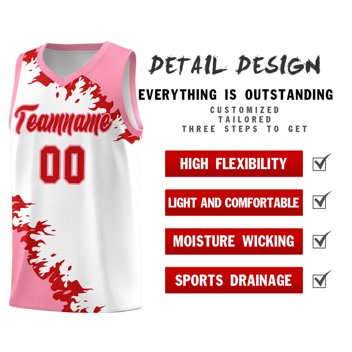 Custom White Light Pink-Red Sparkle Print Pattern Basketball Kits