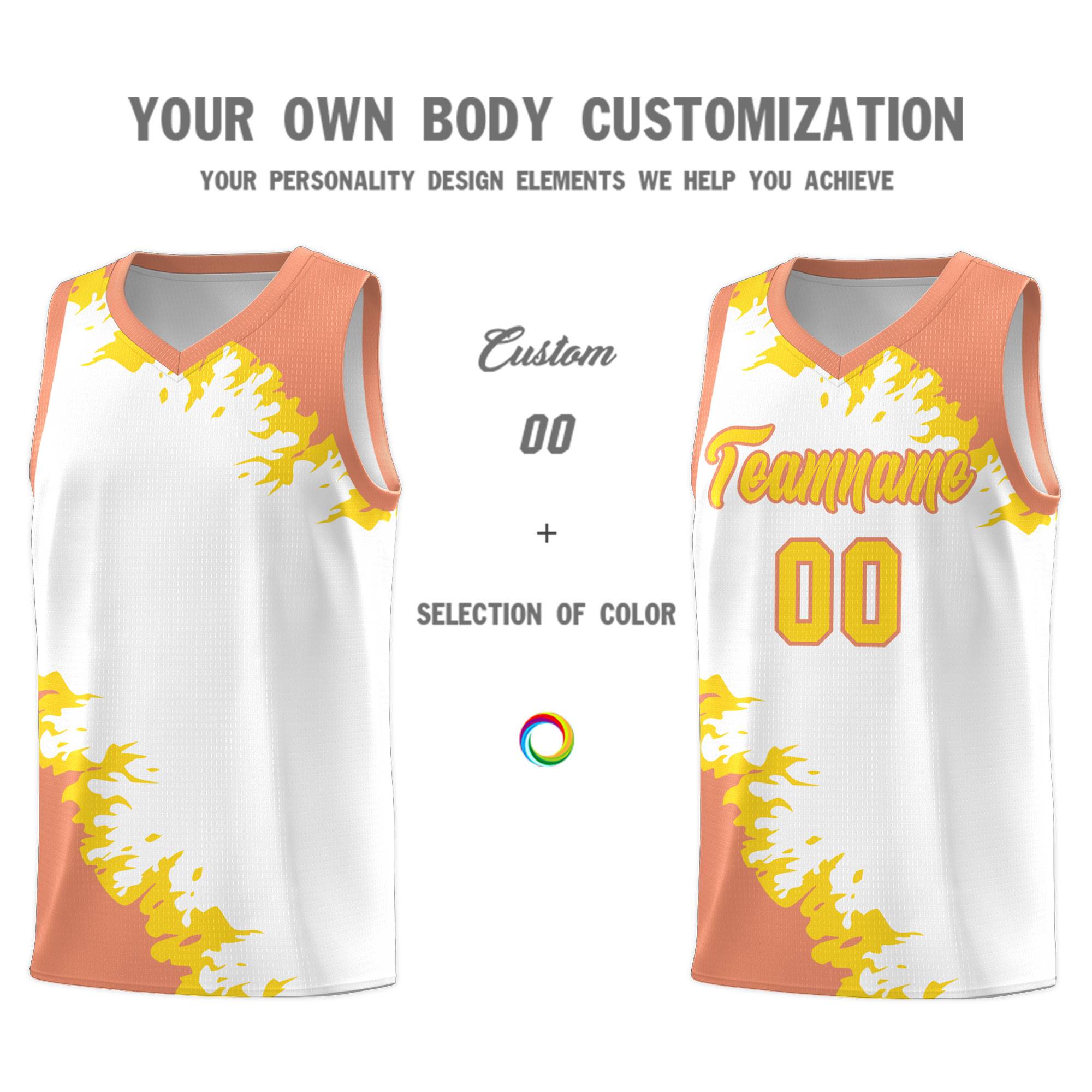 Custom White Light Orange-Gold Sparkle Print Pattern Basketball Kits