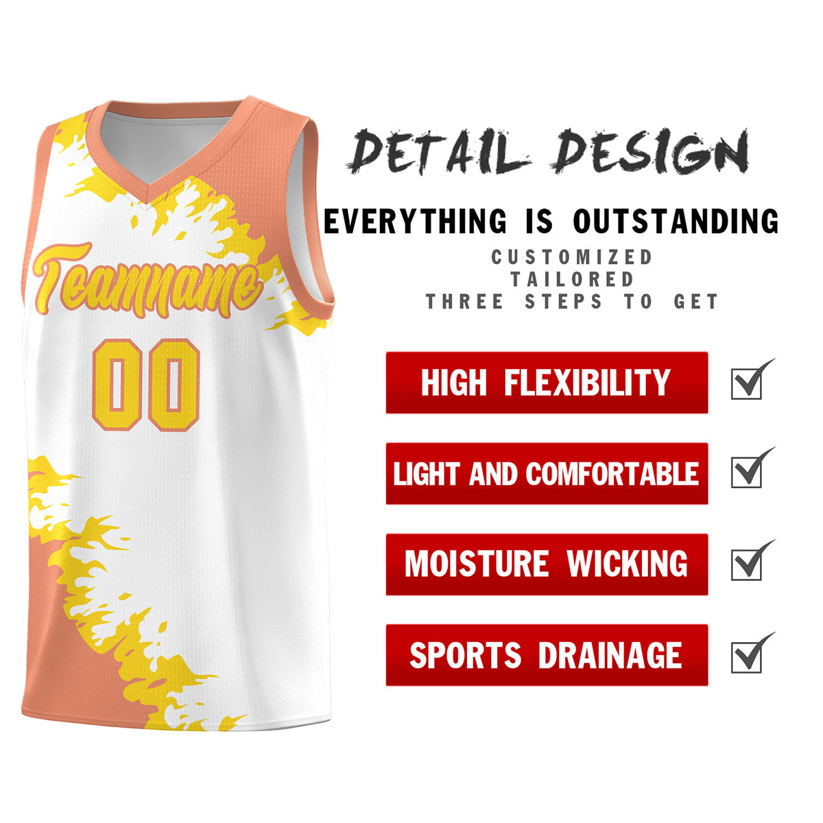 Custom White Light Orange-Gold Sparkle Print Pattern Basketball Kits