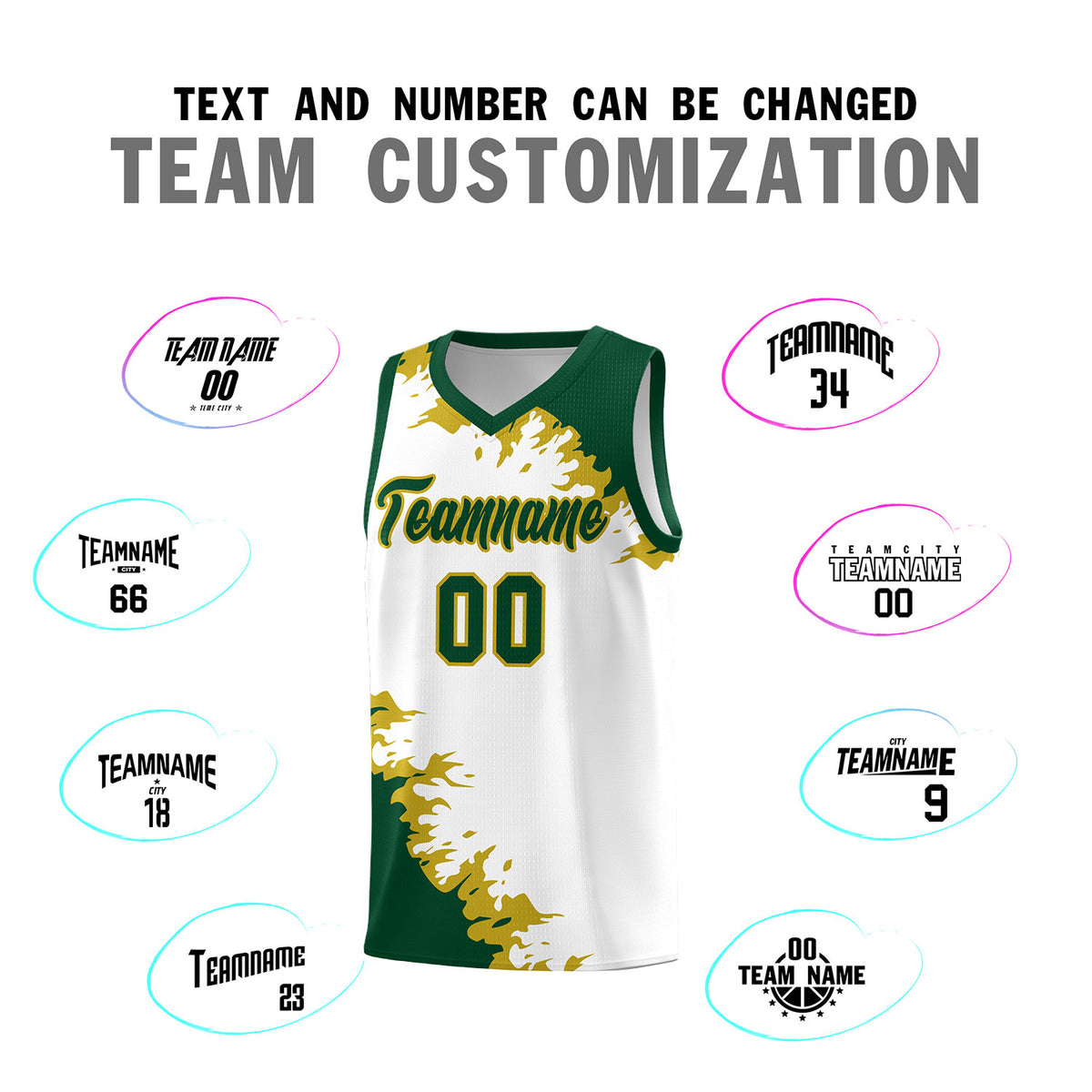 Custom White Green-Old Gold Sparkle Print Pattern Basketball Kits