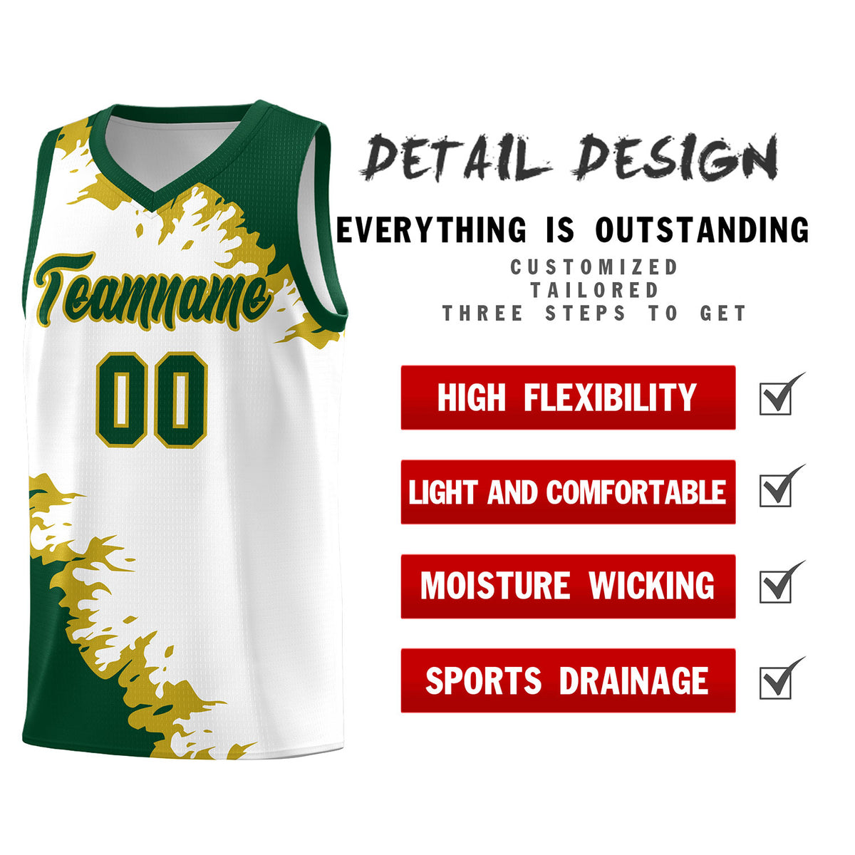 Custom White Green-Old Gold Sparkle Print Pattern Basketball Kits