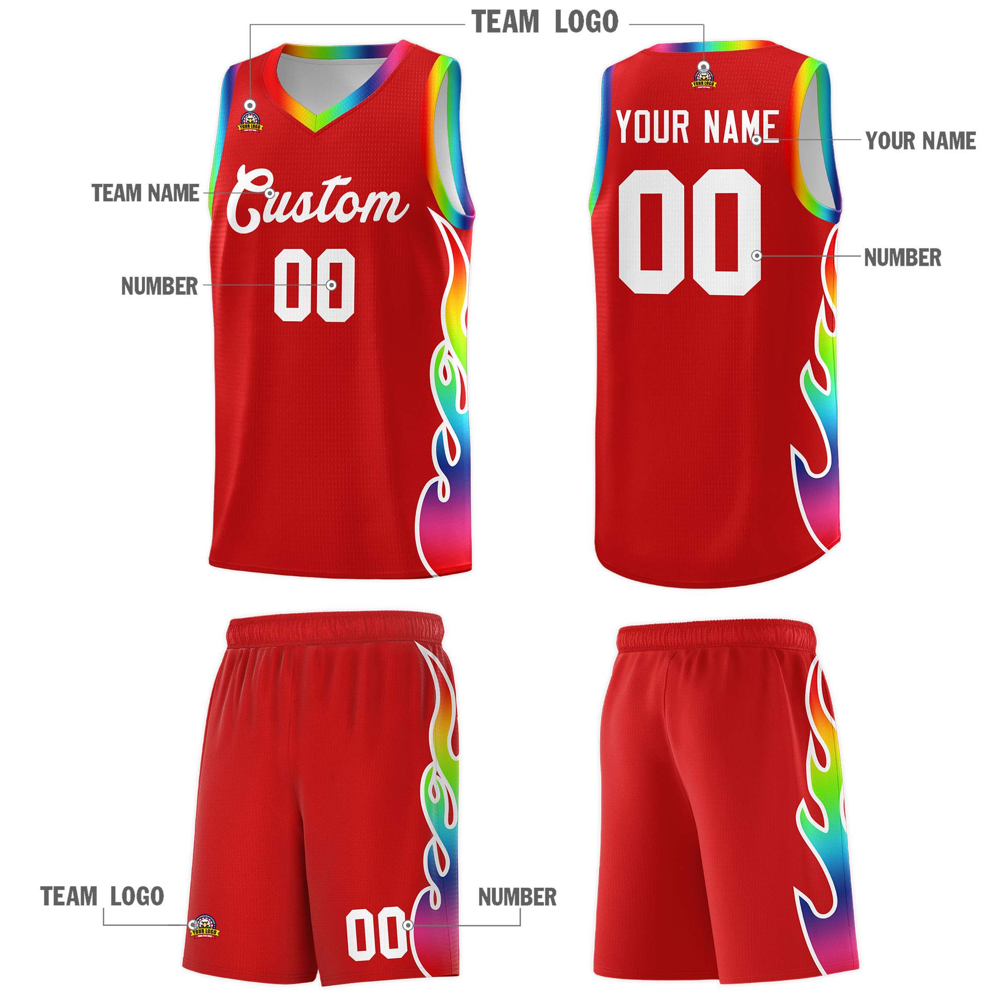 Custom Red Side Flame Pattern Fashion Sports Uniform Basketball Jersey