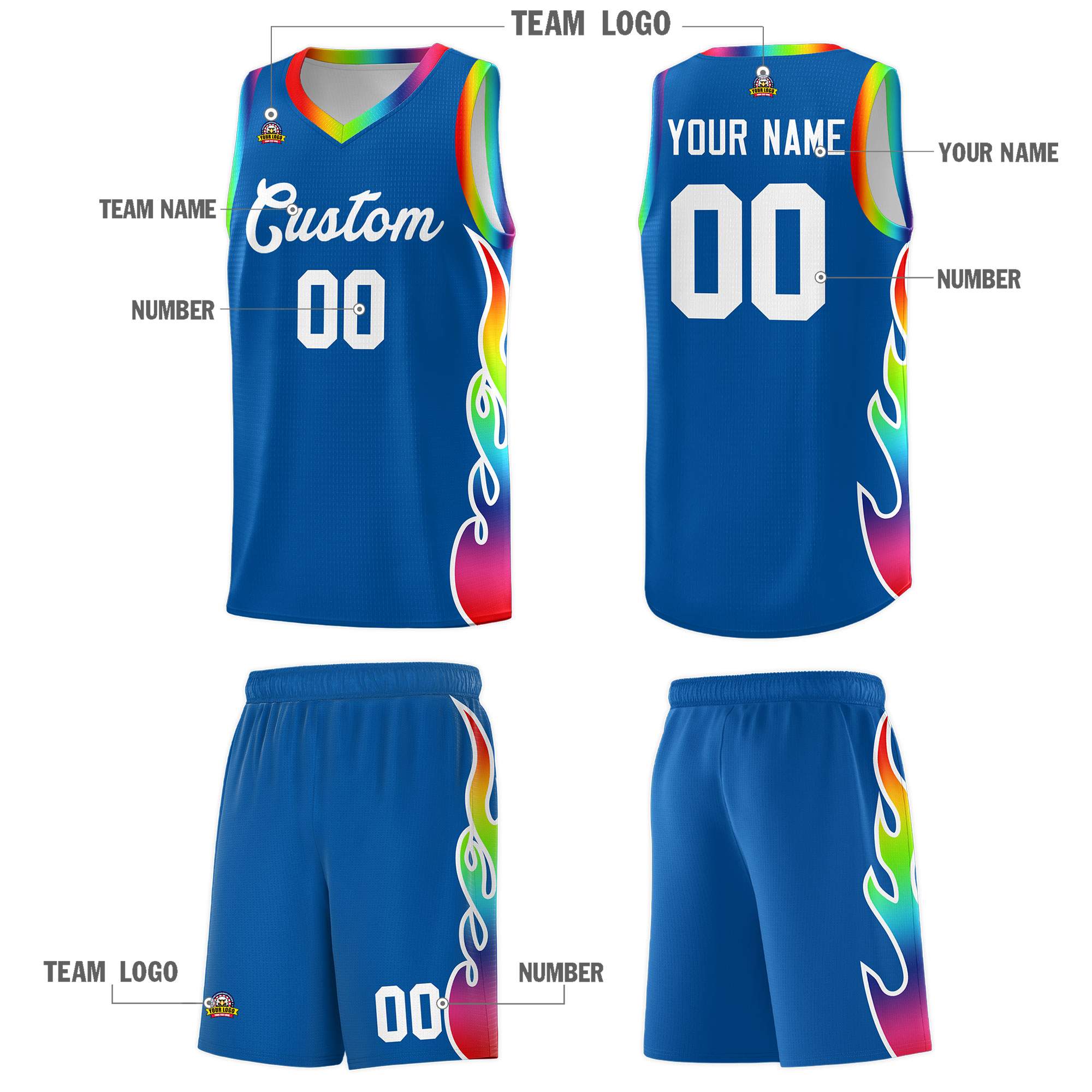 Custom Royal Side Flame Pattern Fashion Sports Uniform Basketball Jersey