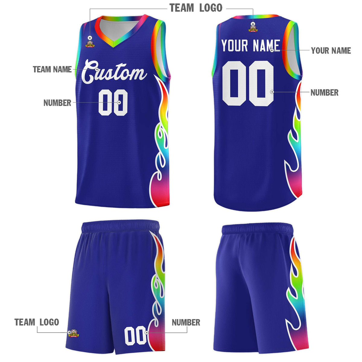 Custom Royal Side Flame Pattern Fashion Sports Uniform Basketball Jersey