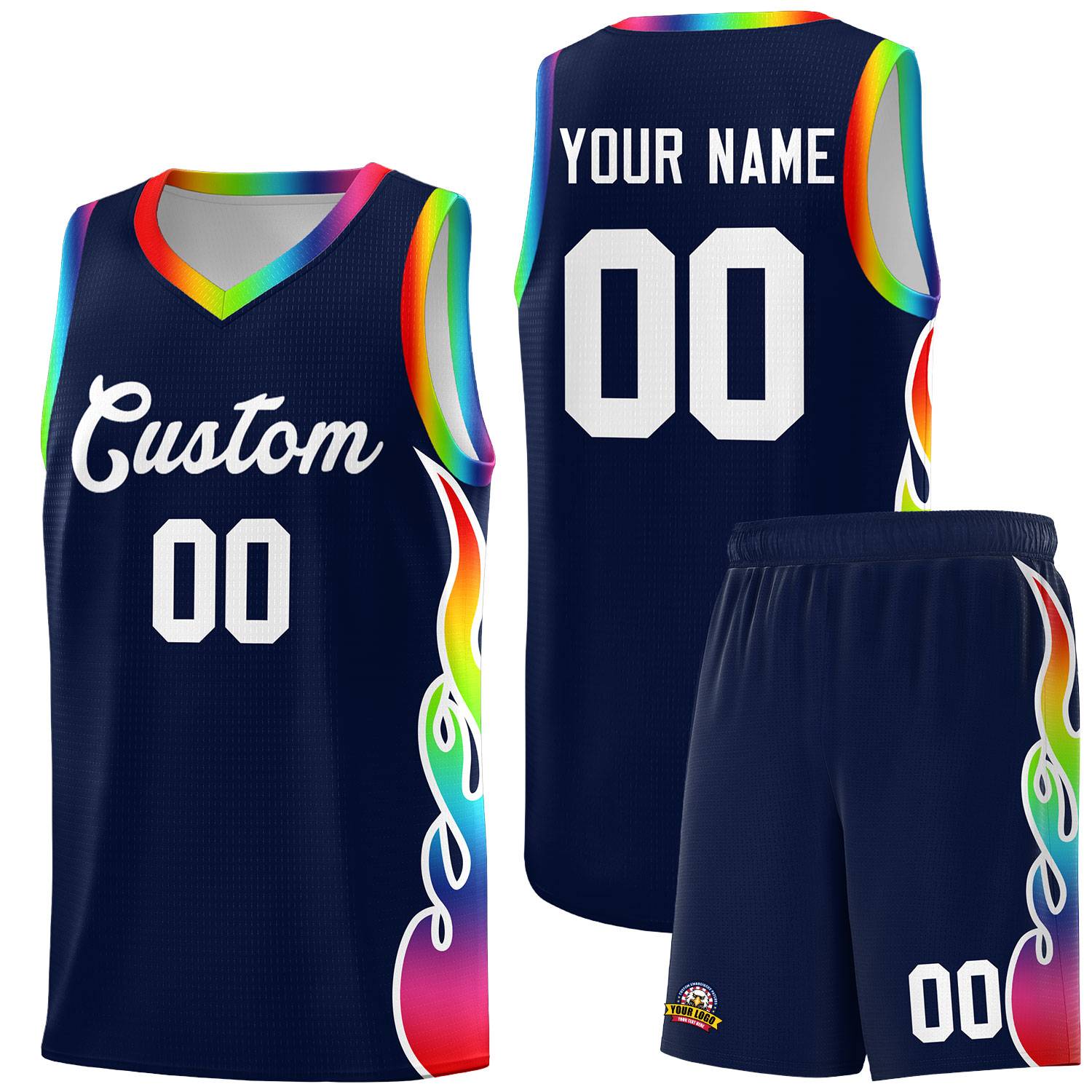 Custom Navy Side Flame Pattern Fashion Sports Uniform Basketball Jersey