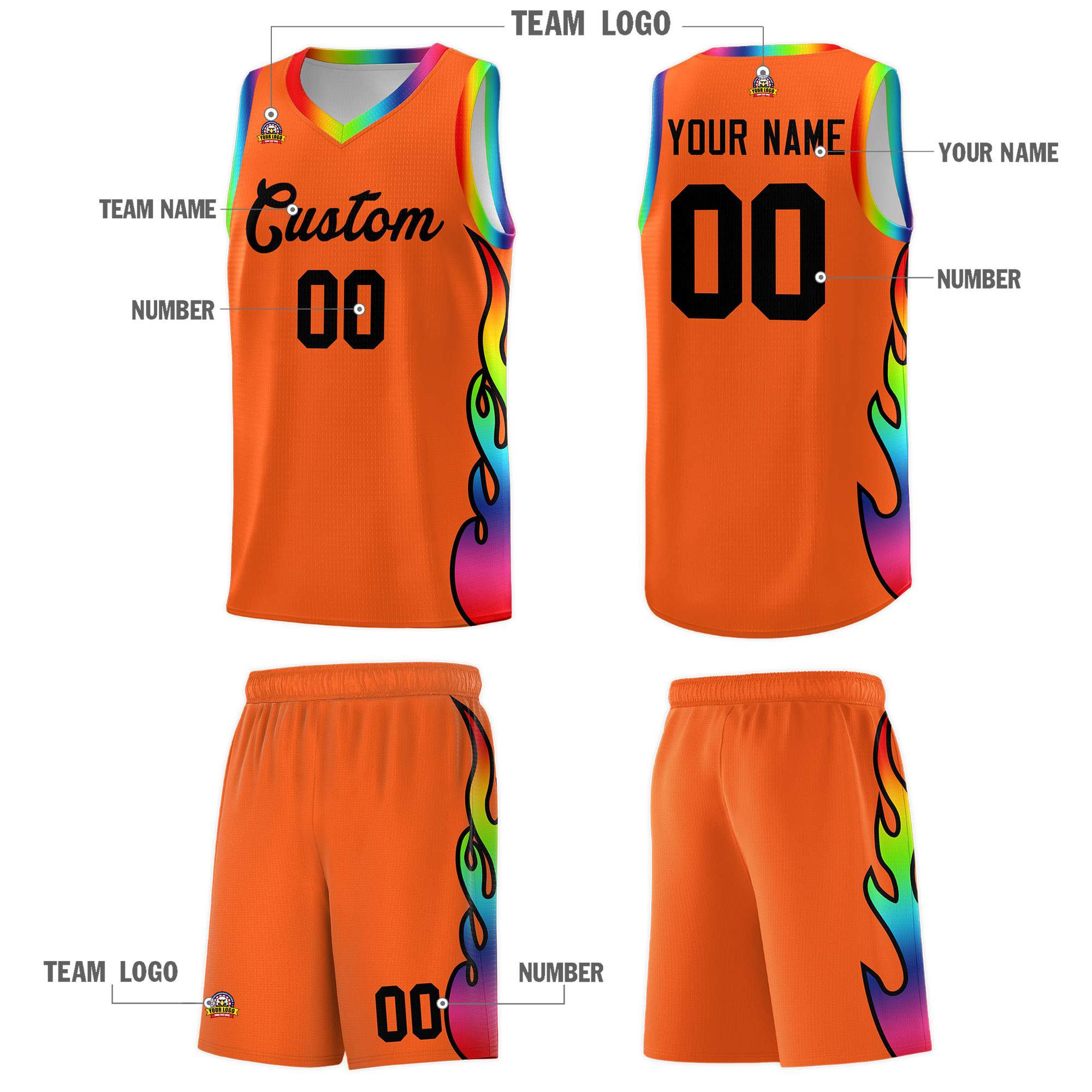 Custom Texas Orange Side Flame Pattern Fashion Sports Uniform Basketball Jersey