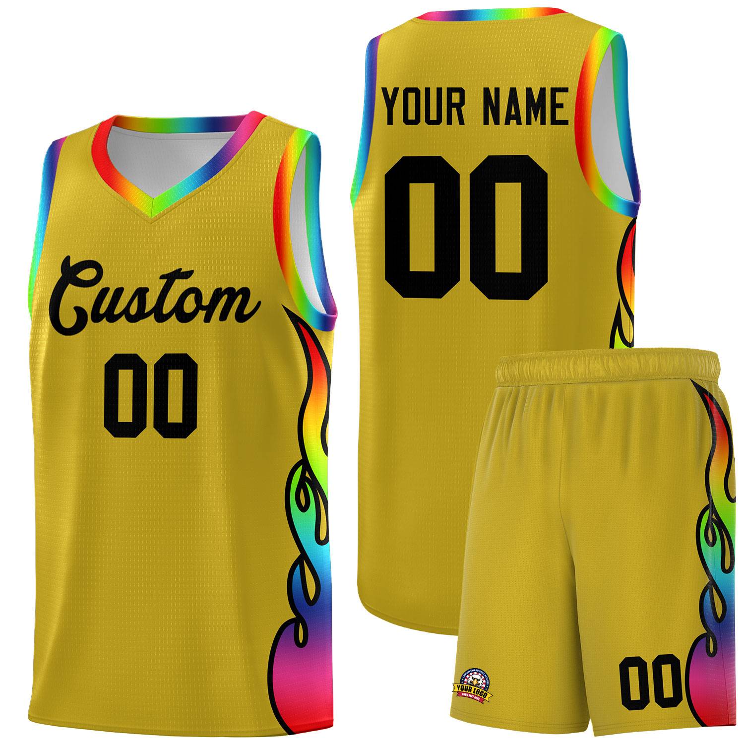 Custom Old Gold Side Flame Pattern Fashion Sports Uniform Basketball Jersey