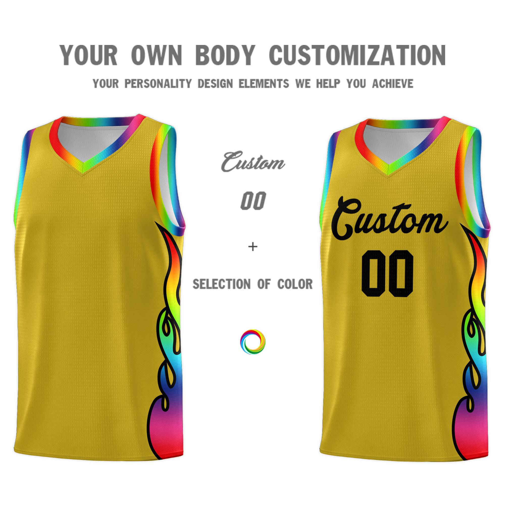 Custom Old Gold Side Flame Pattern Fashion Sports Uniform Basketball Jersey