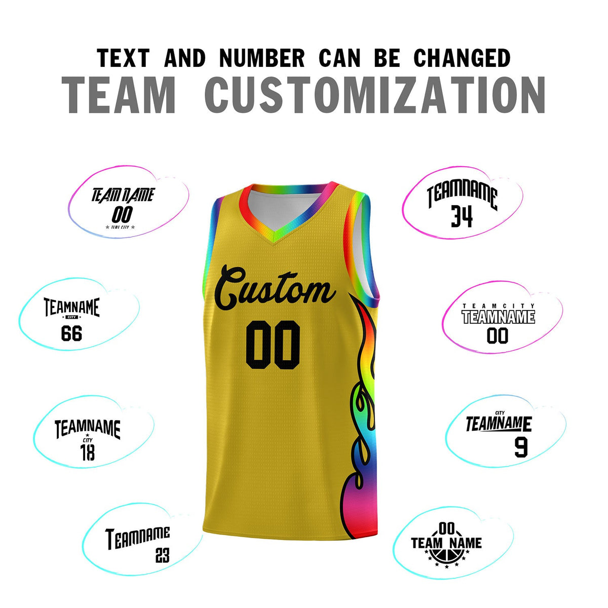 Custom Old Gold Side Flame Pattern Fashion Sports Uniform Basketball Jersey