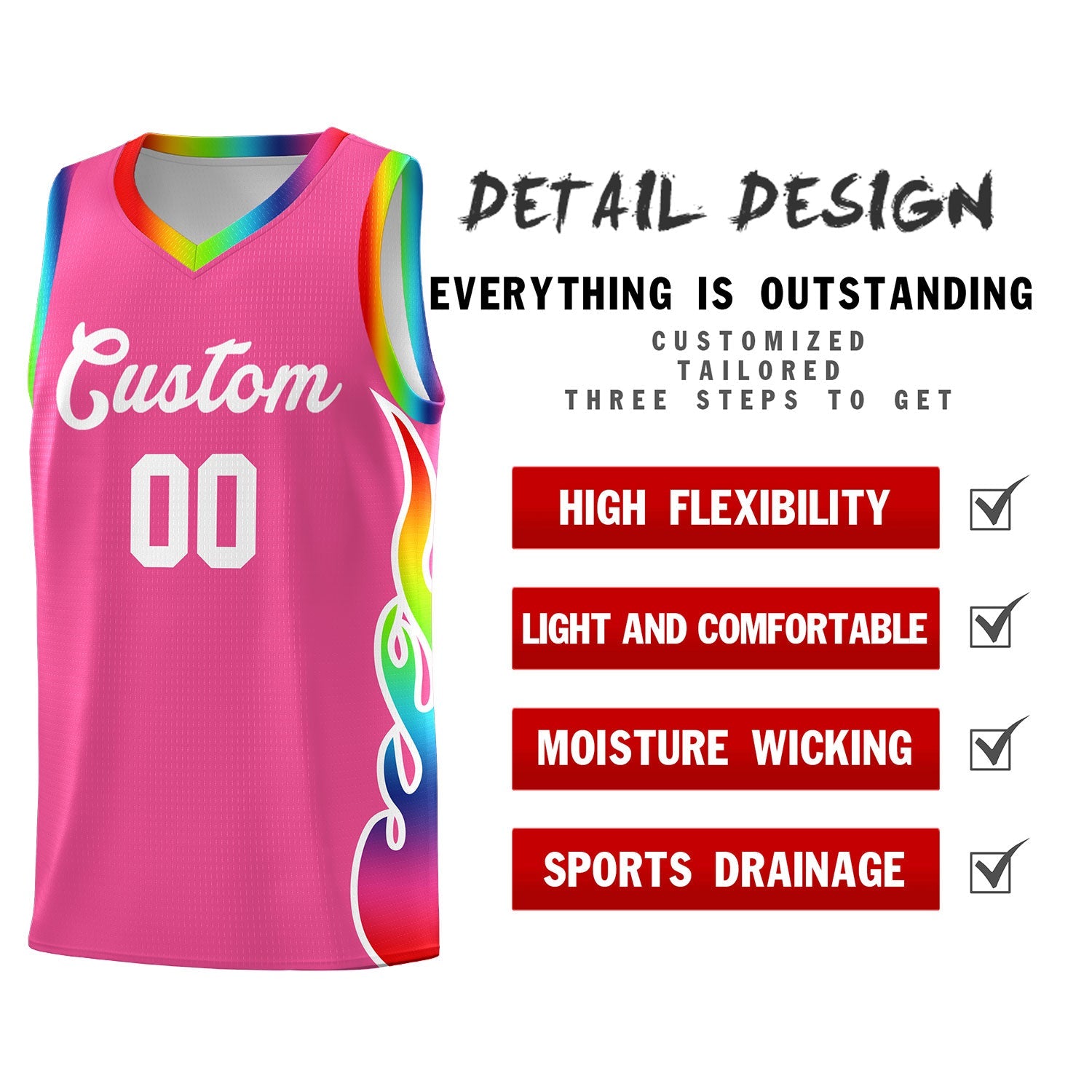 Custom Pink Side Flame Pattern Fashion Sports Uniform Basketball Jersey