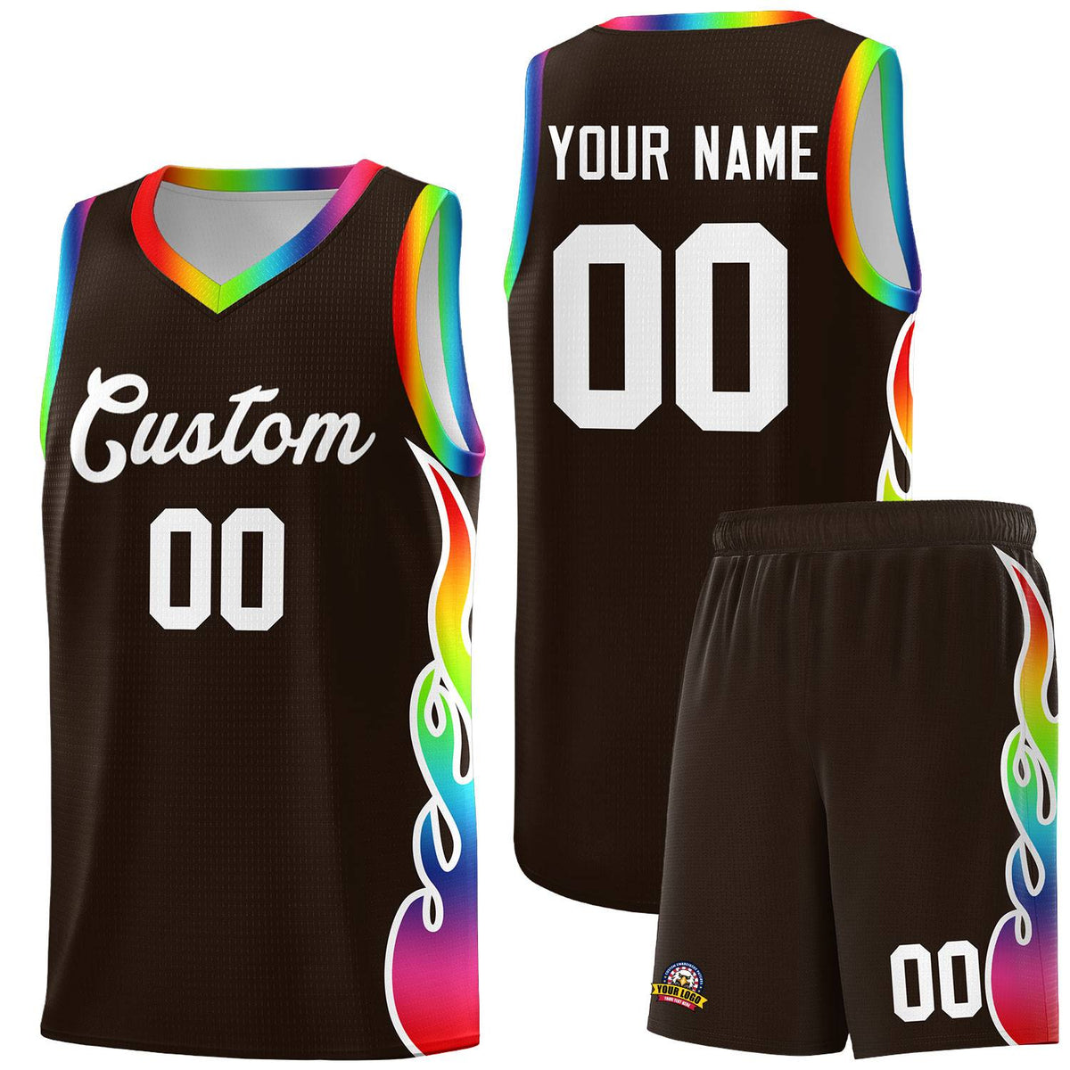 Custom Brown Side Flame Pattern Fashion Sports Uniform Basketball Jersey