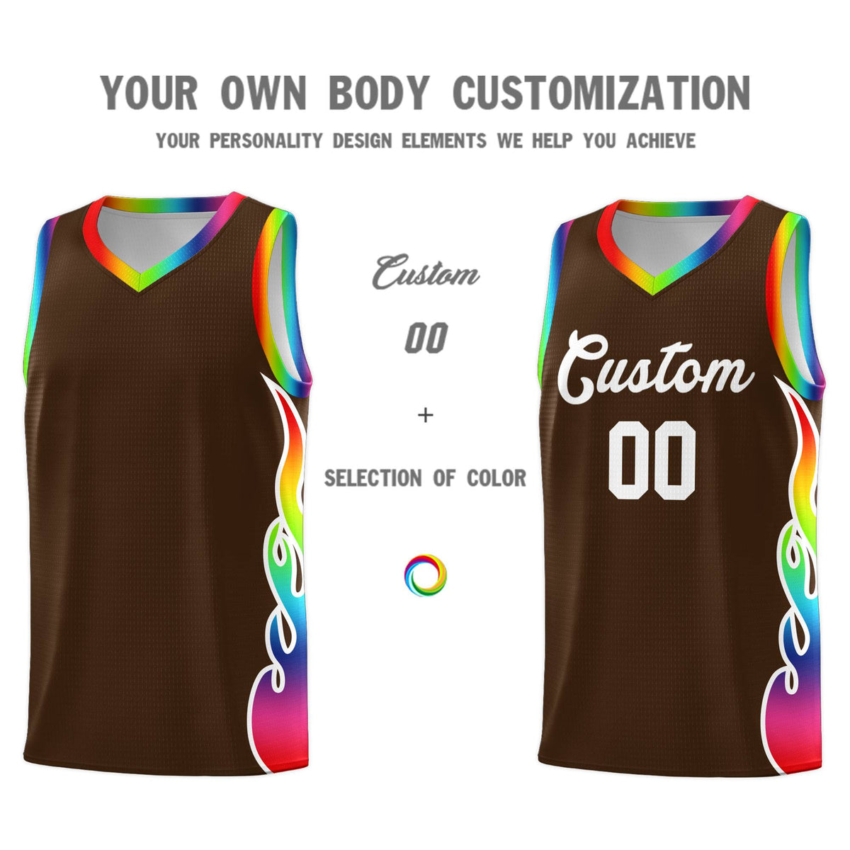 Custom Brown Side Flame Pattern Fashion Sports Uniform Basketball Jersey