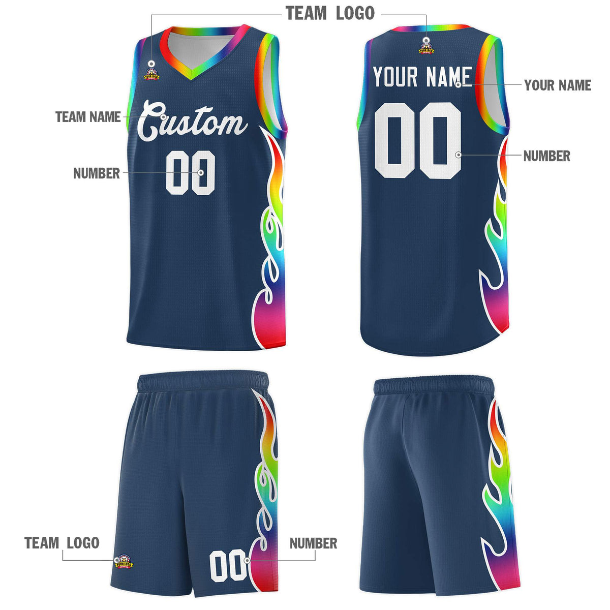 Custom Midnight Blue Side Flame Pattern Fashion Sports Uniform Basketball Jersey