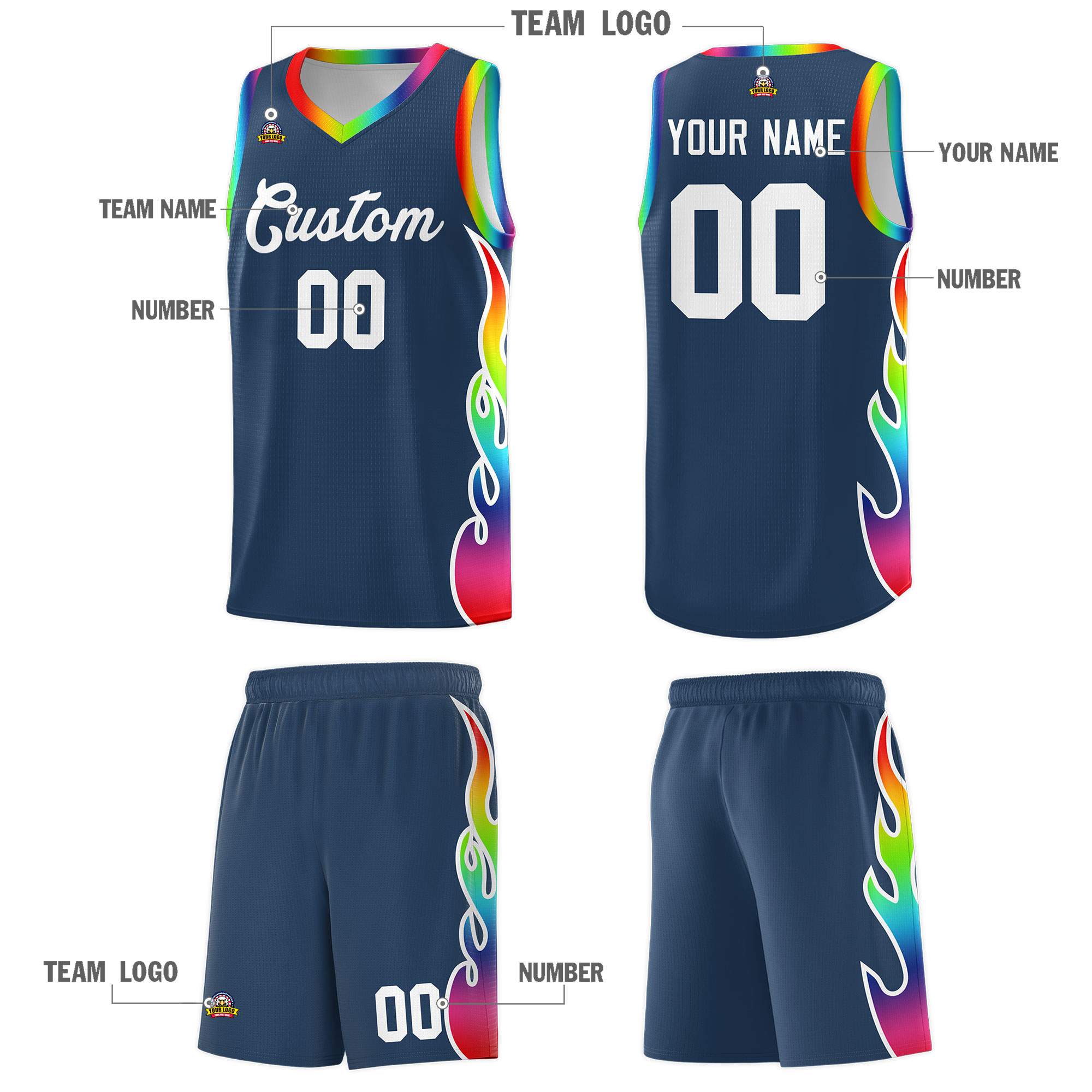 Custom Midnight Blue Side Flame Pattern Fashion Sports Uniform Basketball Jersey
