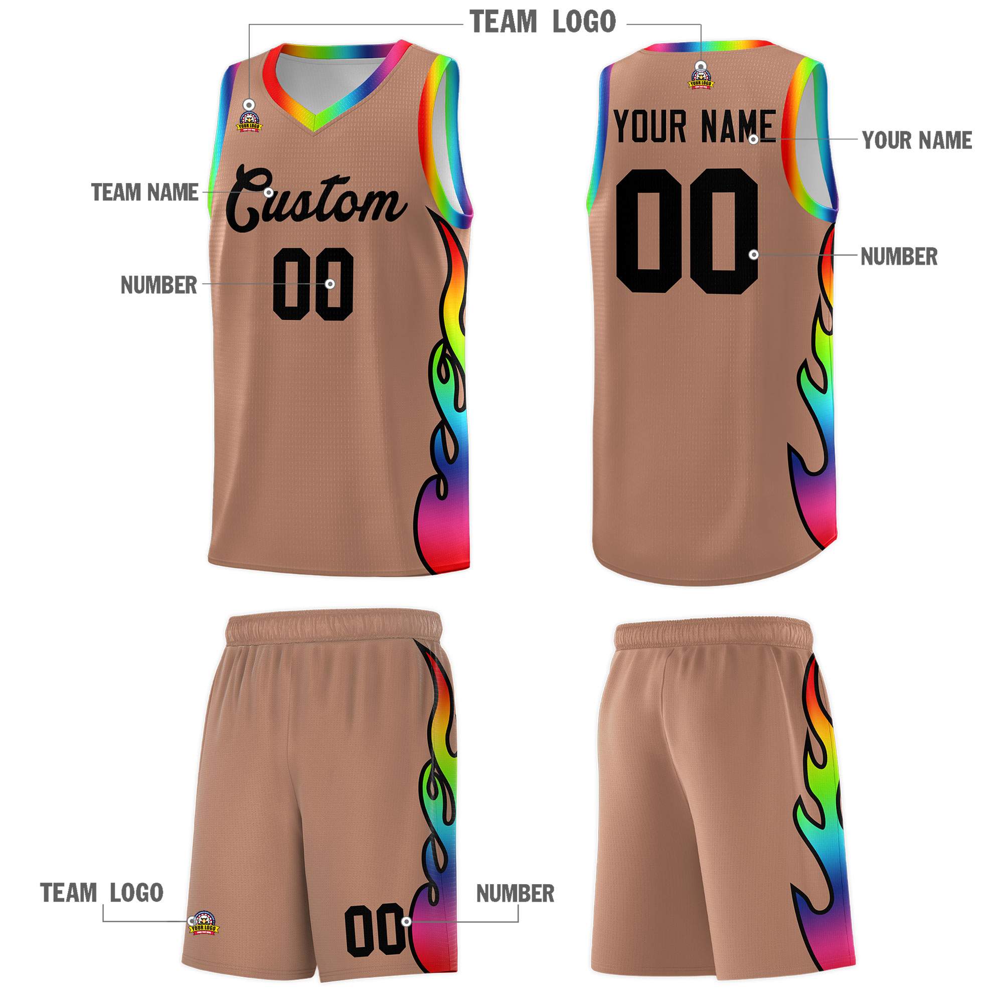 Custom Light Brown Side Flame Pattern Fashion Sports Uniform Basketball Jersey
