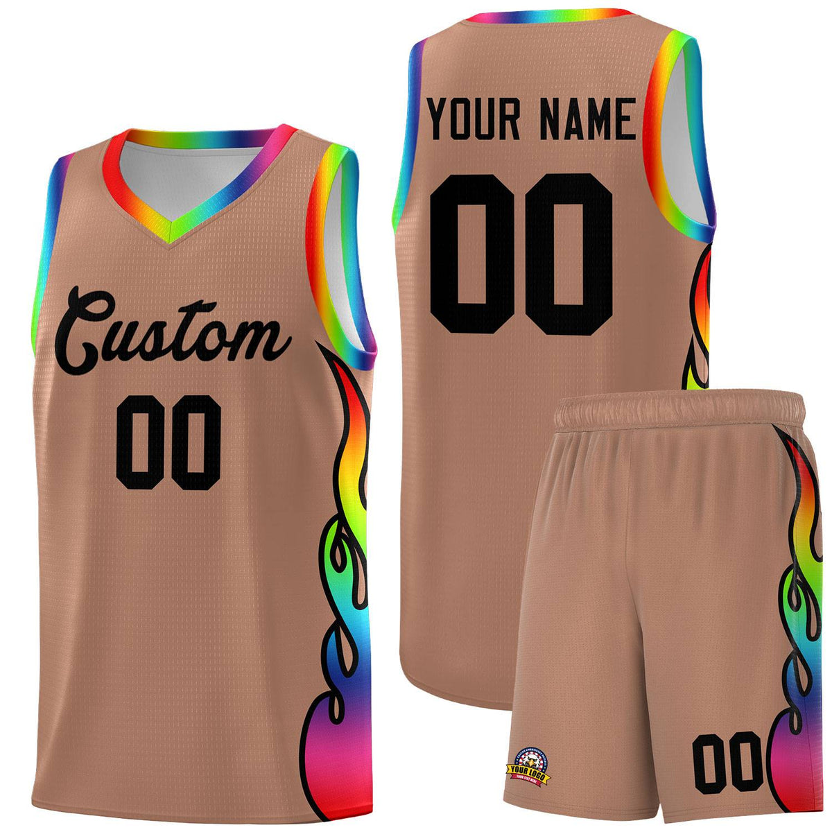 Custom Light Brown Side Flame Pattern Fashion Sports Uniform Basketball Jersey