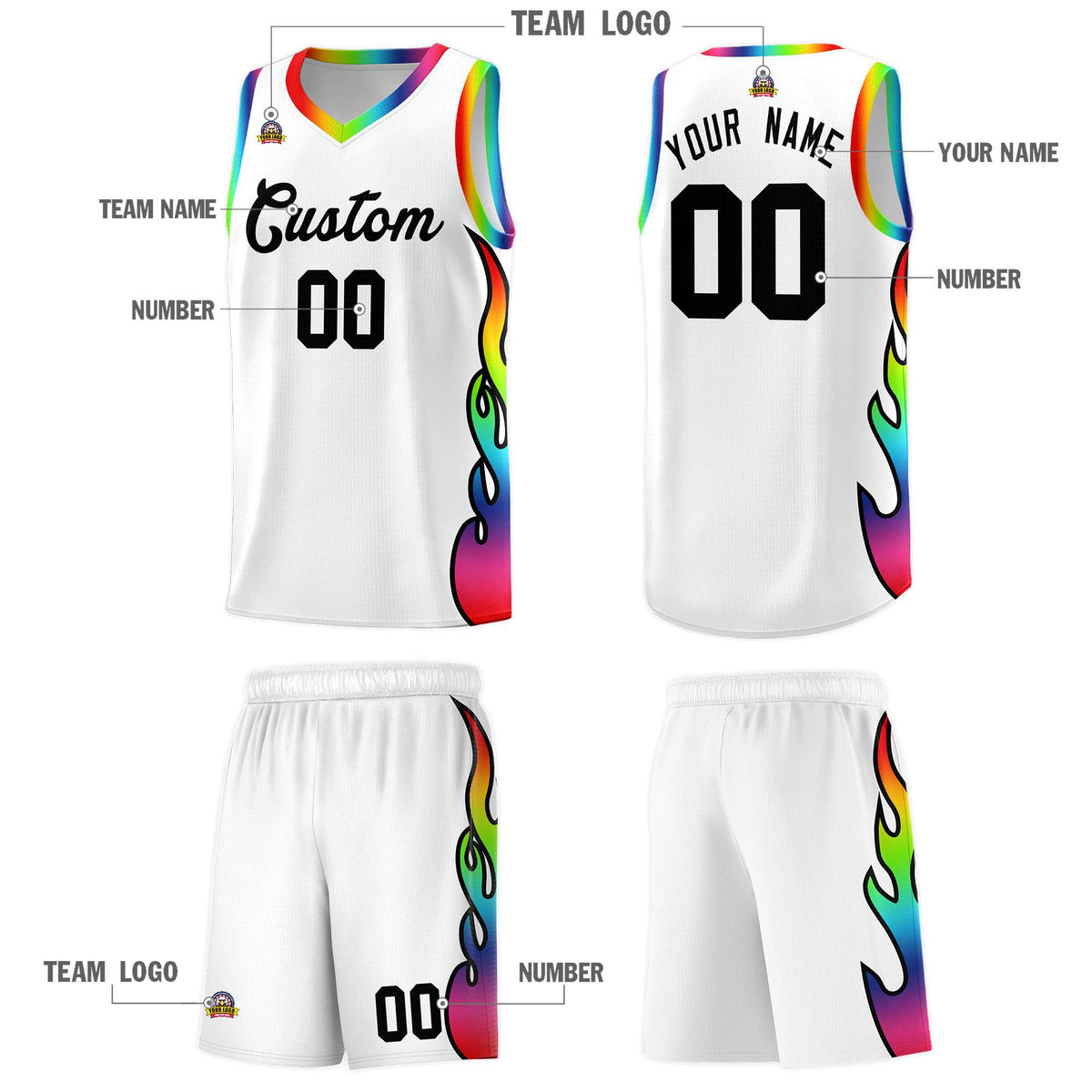 Custom White Side Flame Pattern Fashion Sports Uniform Basketball Jersey