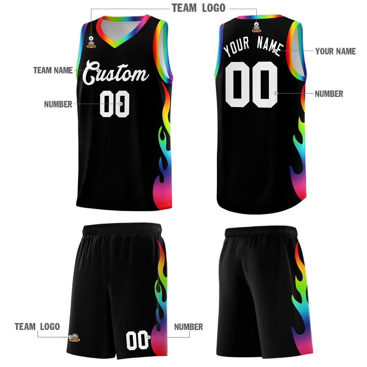 Custom Black Side Flame Pattern Fashion Sports Uniform Basketball Jersey