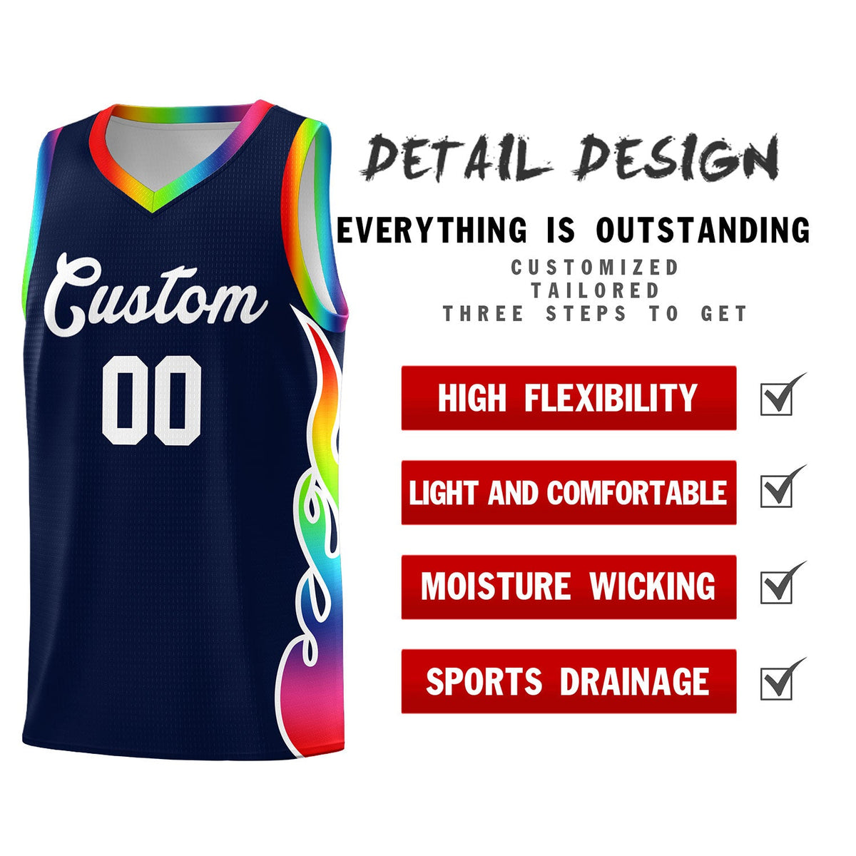 Custom Navy Side Flame Pattern Fashion Sports Uniform Basketball Jersey