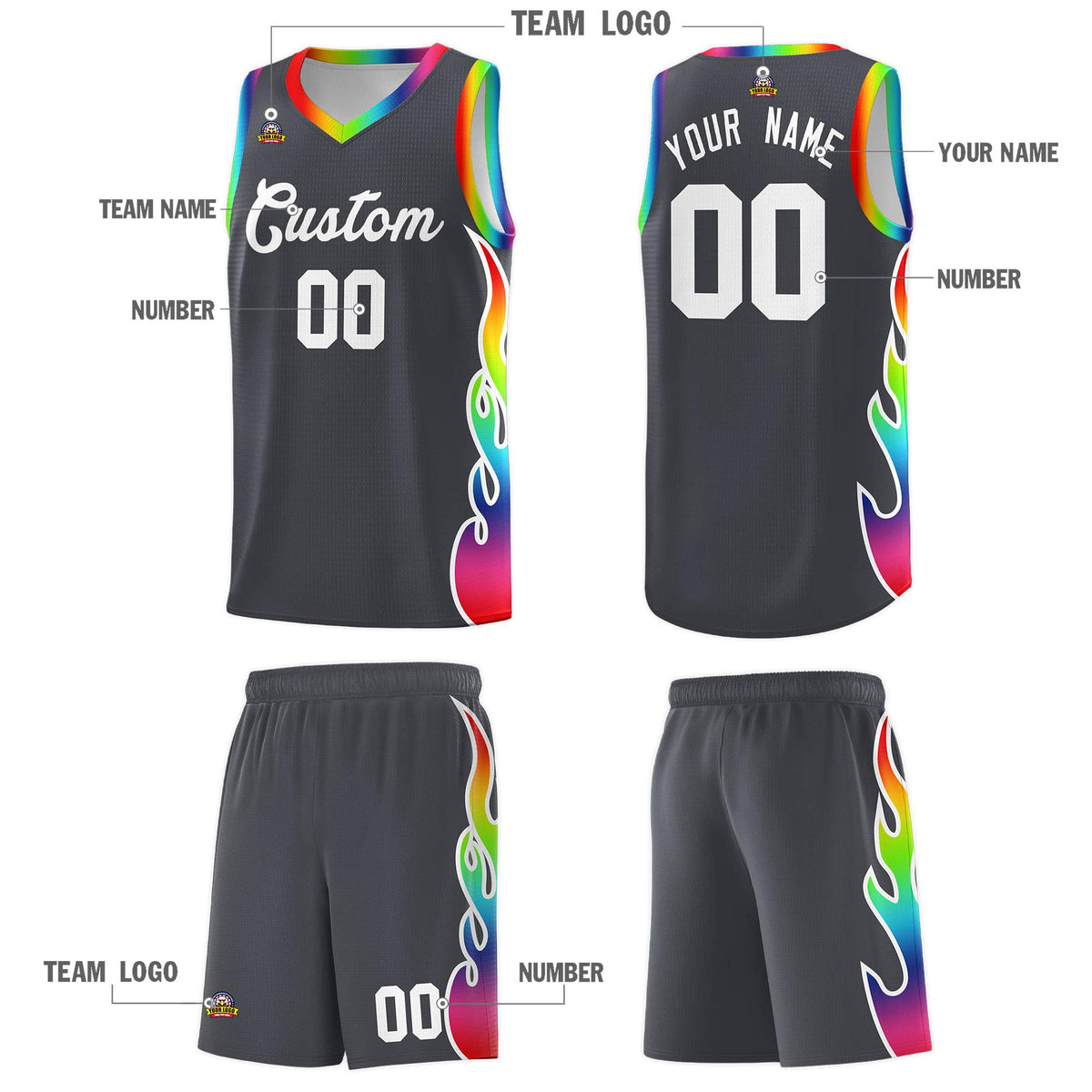 Custom Dark Gray Side Flame Pattern Fashion Sports Uniform Basketball Jersey
