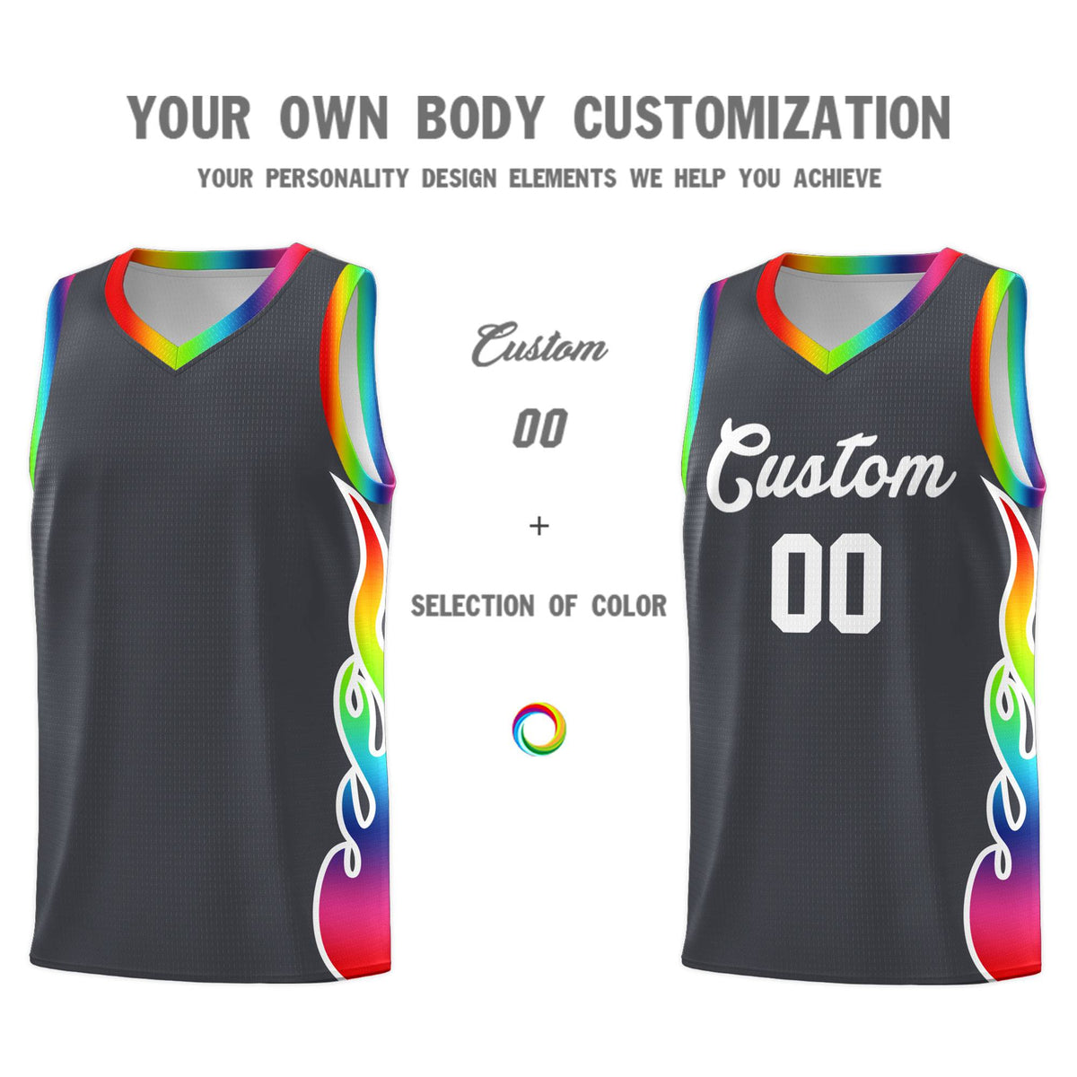 Custom Dark Gray Side Flame Pattern Fashion Sports Uniform Basketball Jersey