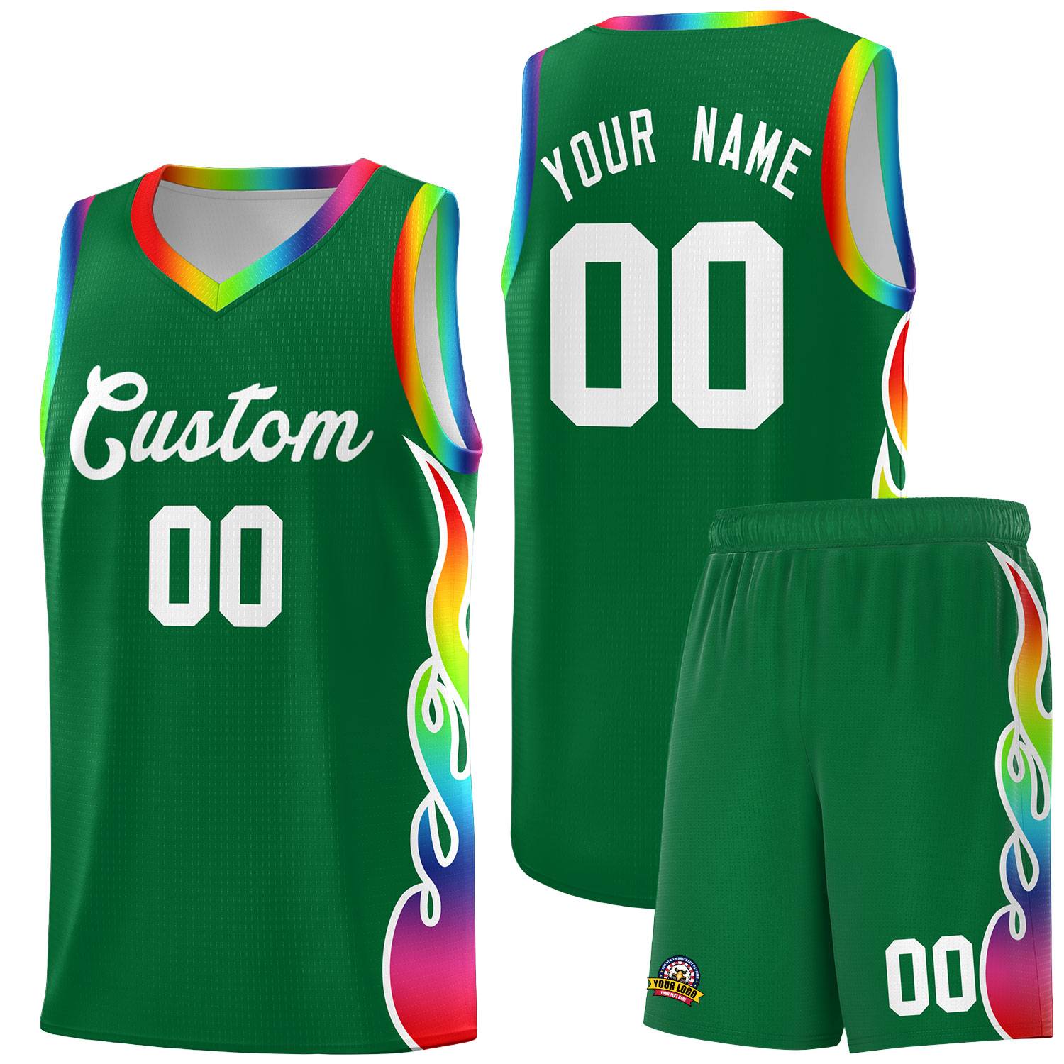 Custom Kelly Green Side Flame Pattern Fashion Sports Uniform Basketball Jersey