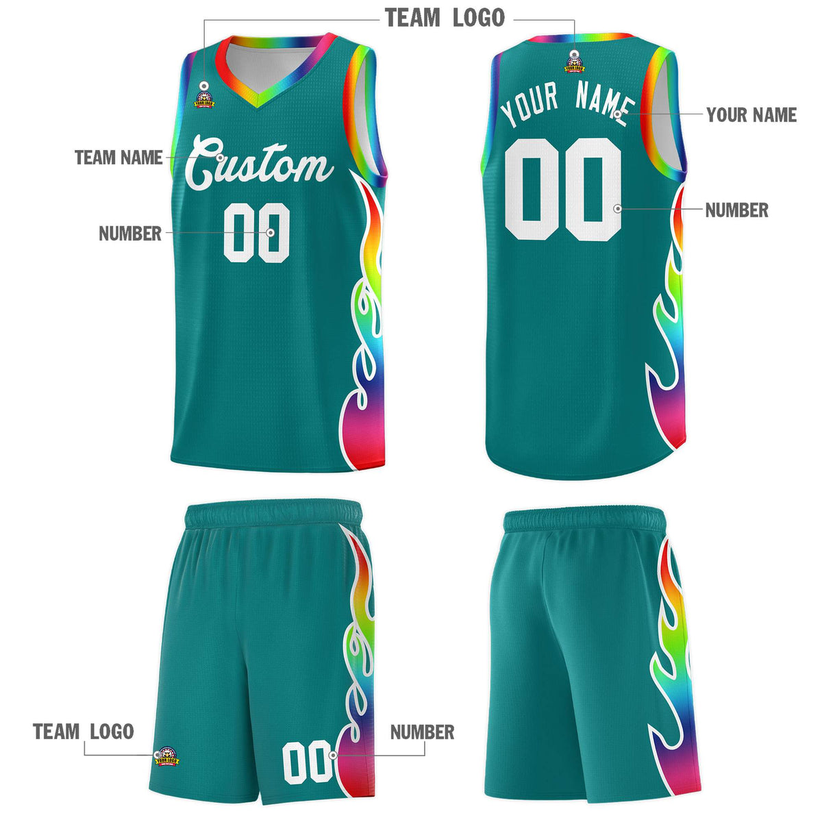 Custom Aqua Side Flame Pattern Fashion Sports Uniform Basketball Jersey