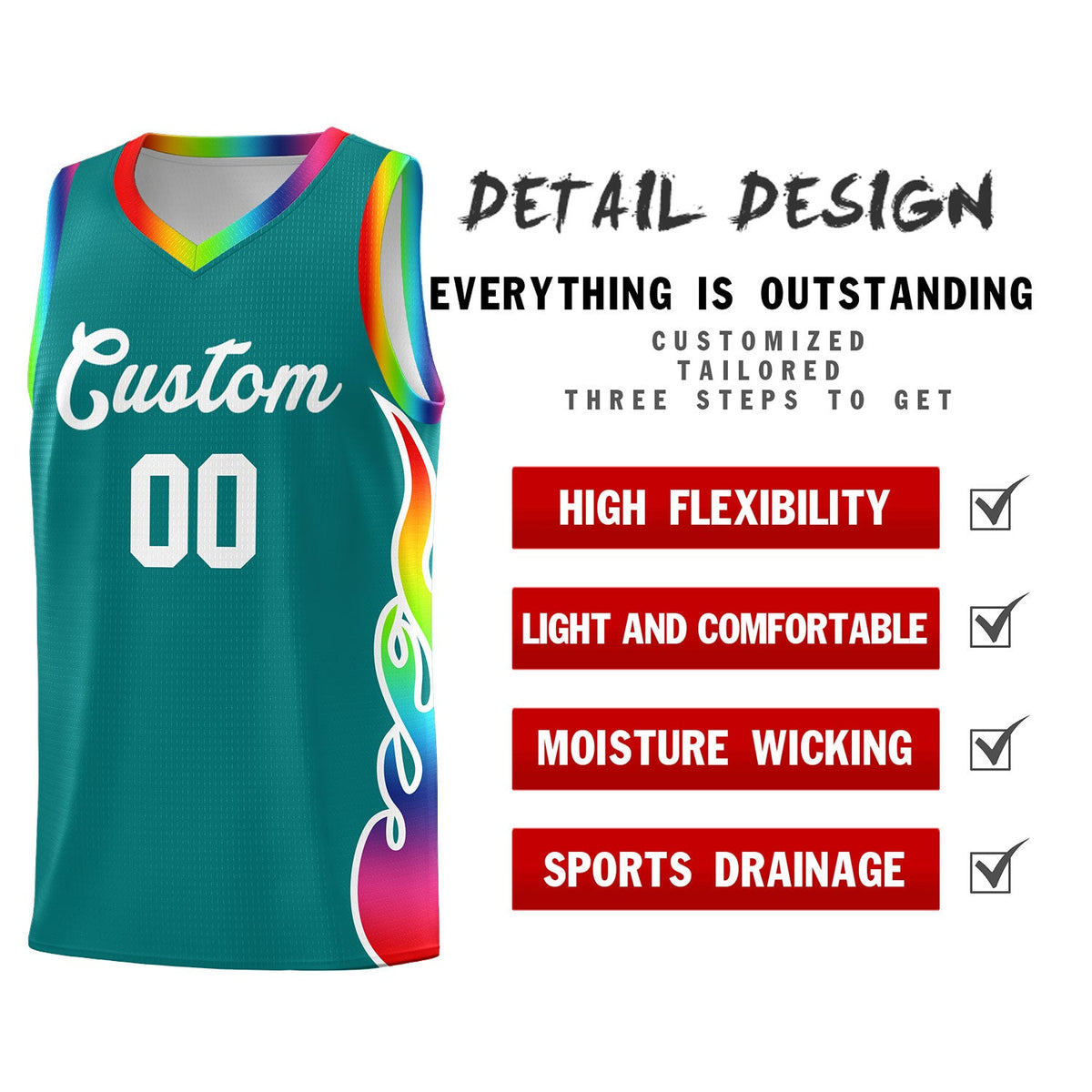 Custom Aqua Side Flame Pattern Fashion Sports Uniform Basketball Jersey