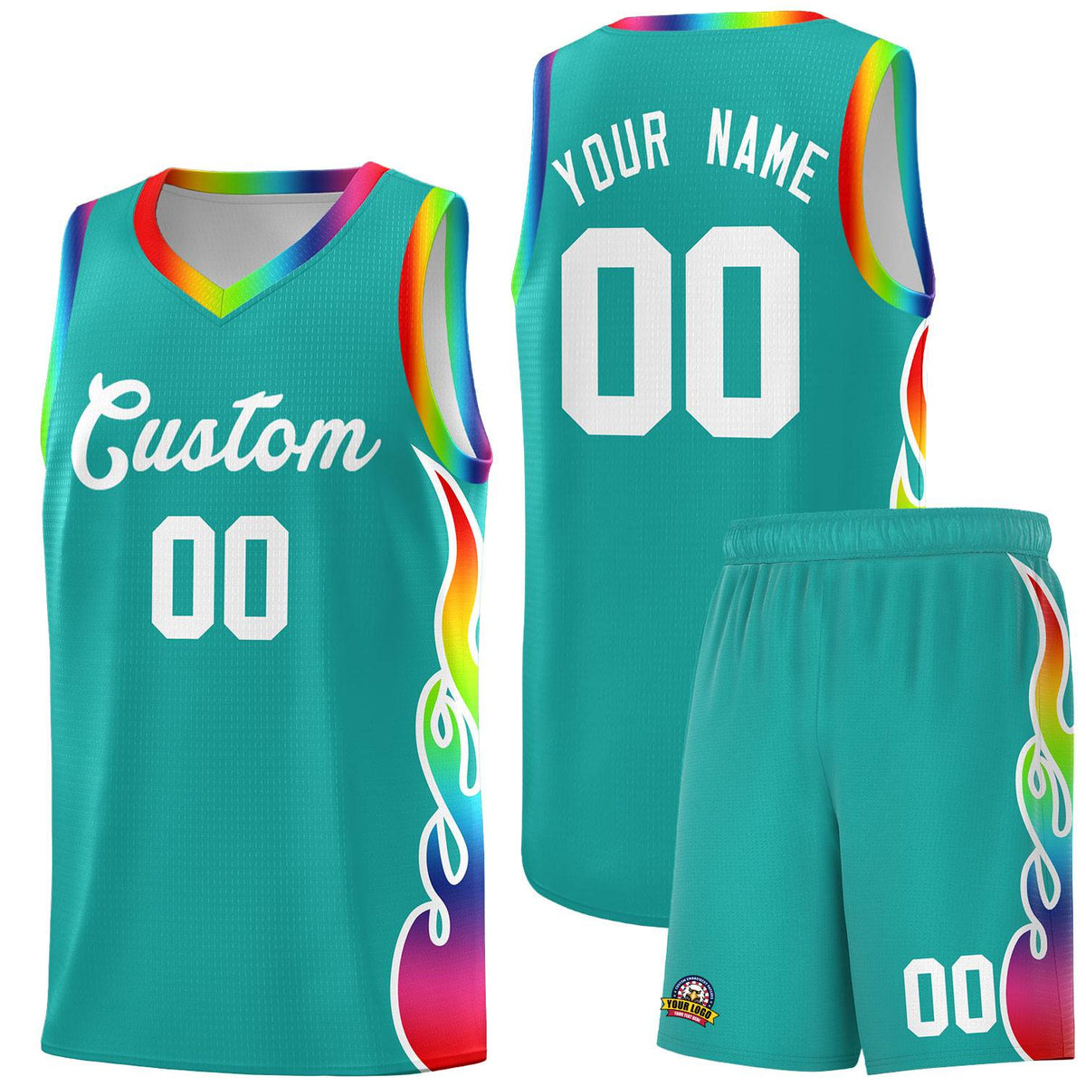 Custom Aqua Side Flame Pattern Fashion Sports Uniform Basketball Jersey