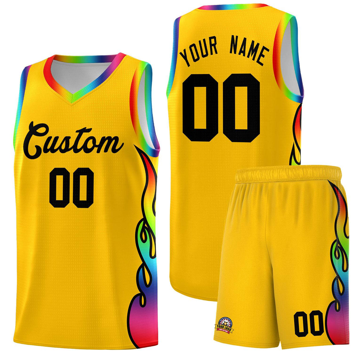 Custom Yellow Side Flame Pattern Fashion Sports Uniform Basketball Jersey