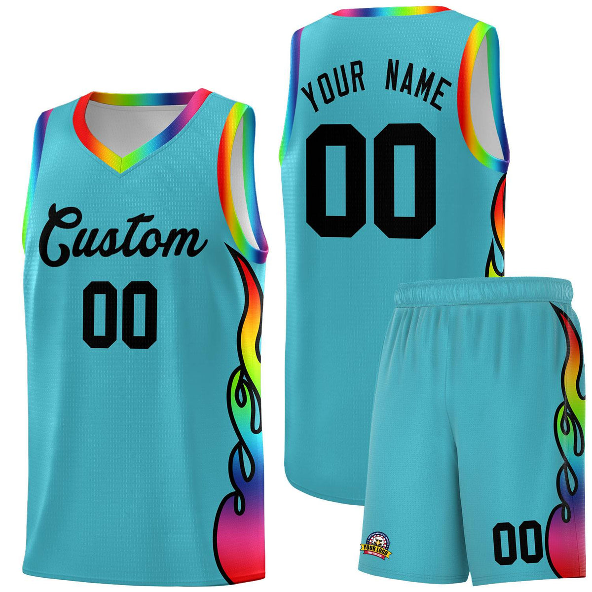 Custom Sky Blue Side Flame Pattern Fashion Sports Uniform Basketball Jersey