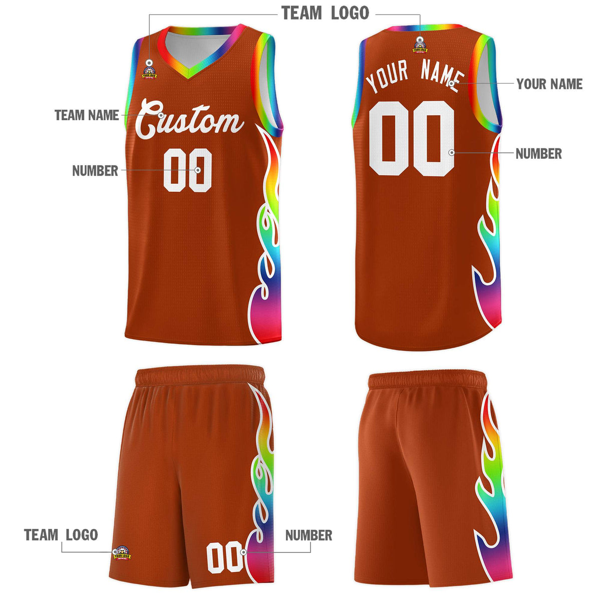 Custom Texas Orange Side Flame Pattern Fashion Sports Uniform Basketball Jersey