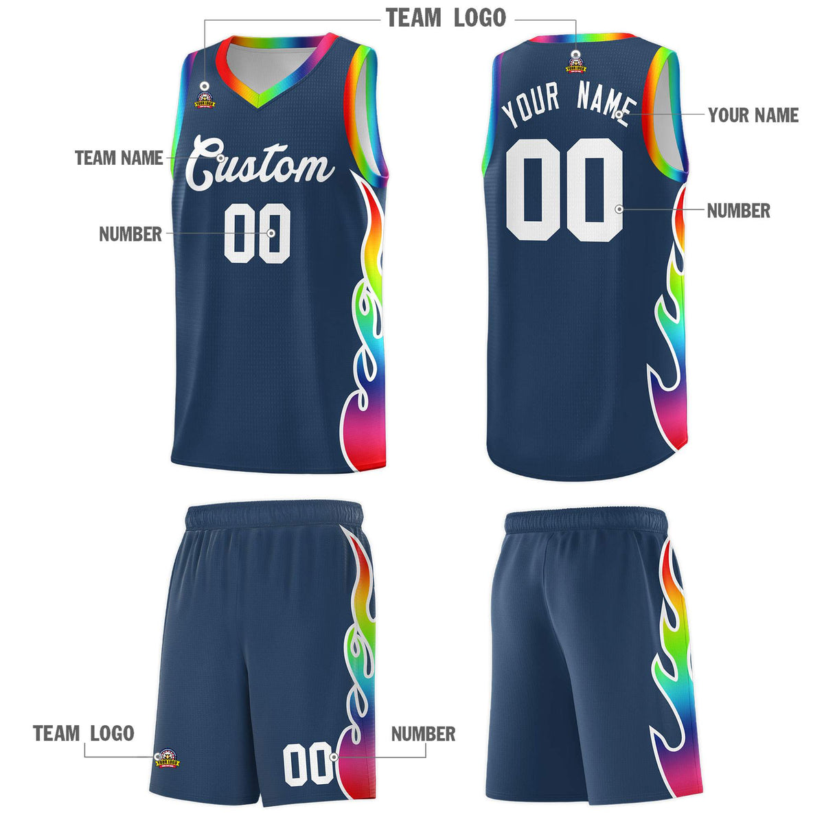 Custom Midnight Blue Side Flame Pattern Fashion Sports Uniform Basketball Jersey