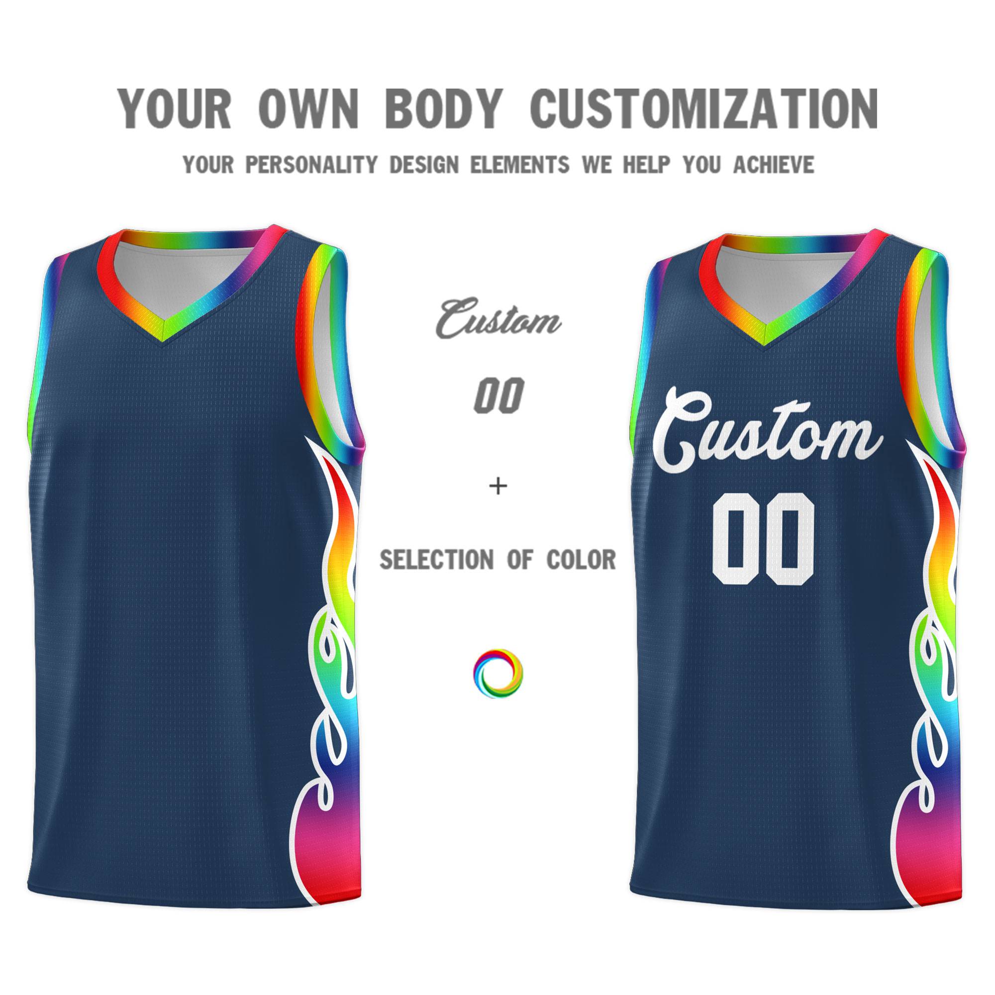 Custom Midnight Blue Side Flame Pattern Fashion Sports Uniform Basketball Jersey