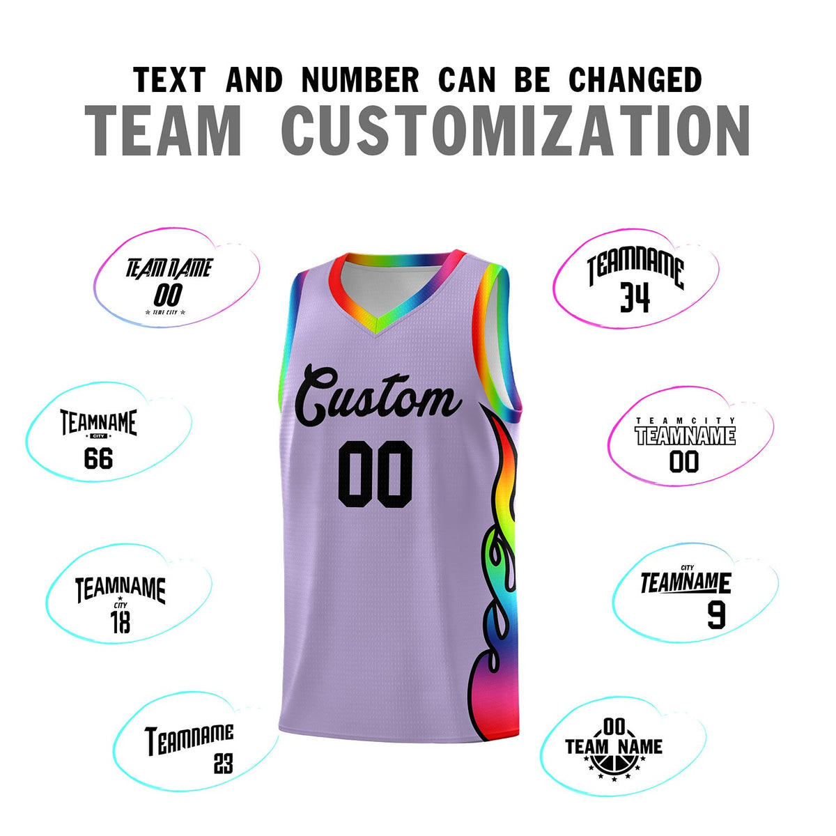 Custom Light Purple Side Flame Pattern Fashion Sports Uniform Basketball Jersey