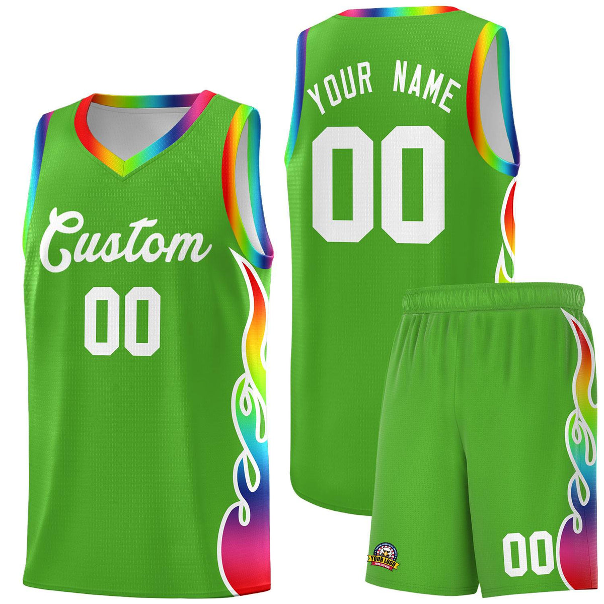 Custom Neon Green Side Flame Pattern Fashion Sports Uniform Basketball Jersey