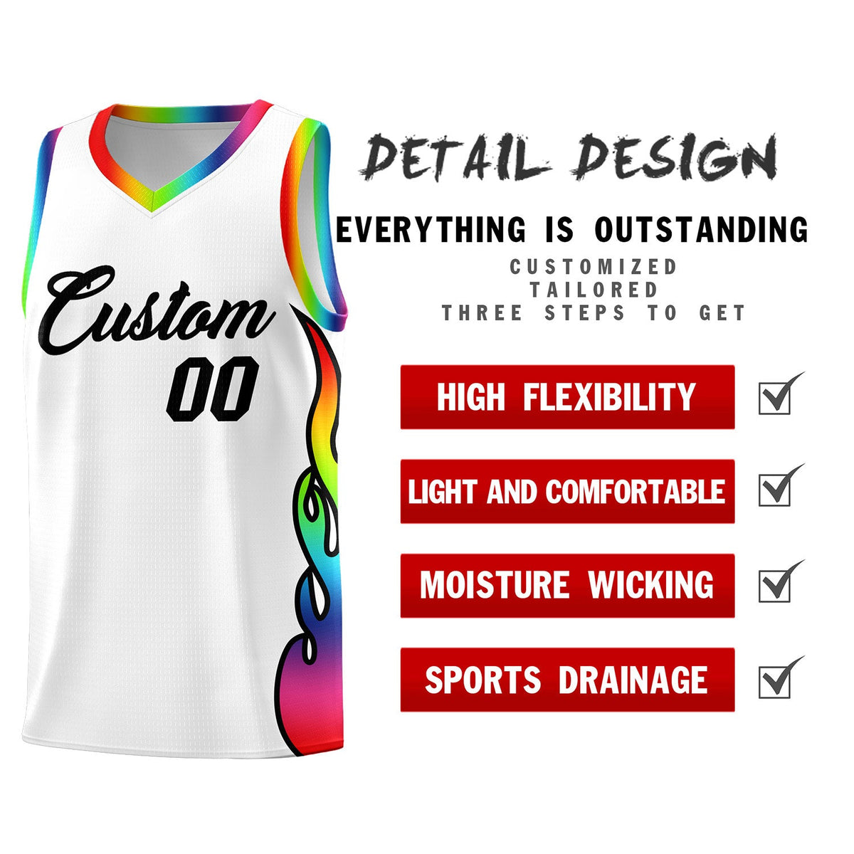 Custom White Side Flame Pattern Fashion Sports Uniform Basketball Jersey
