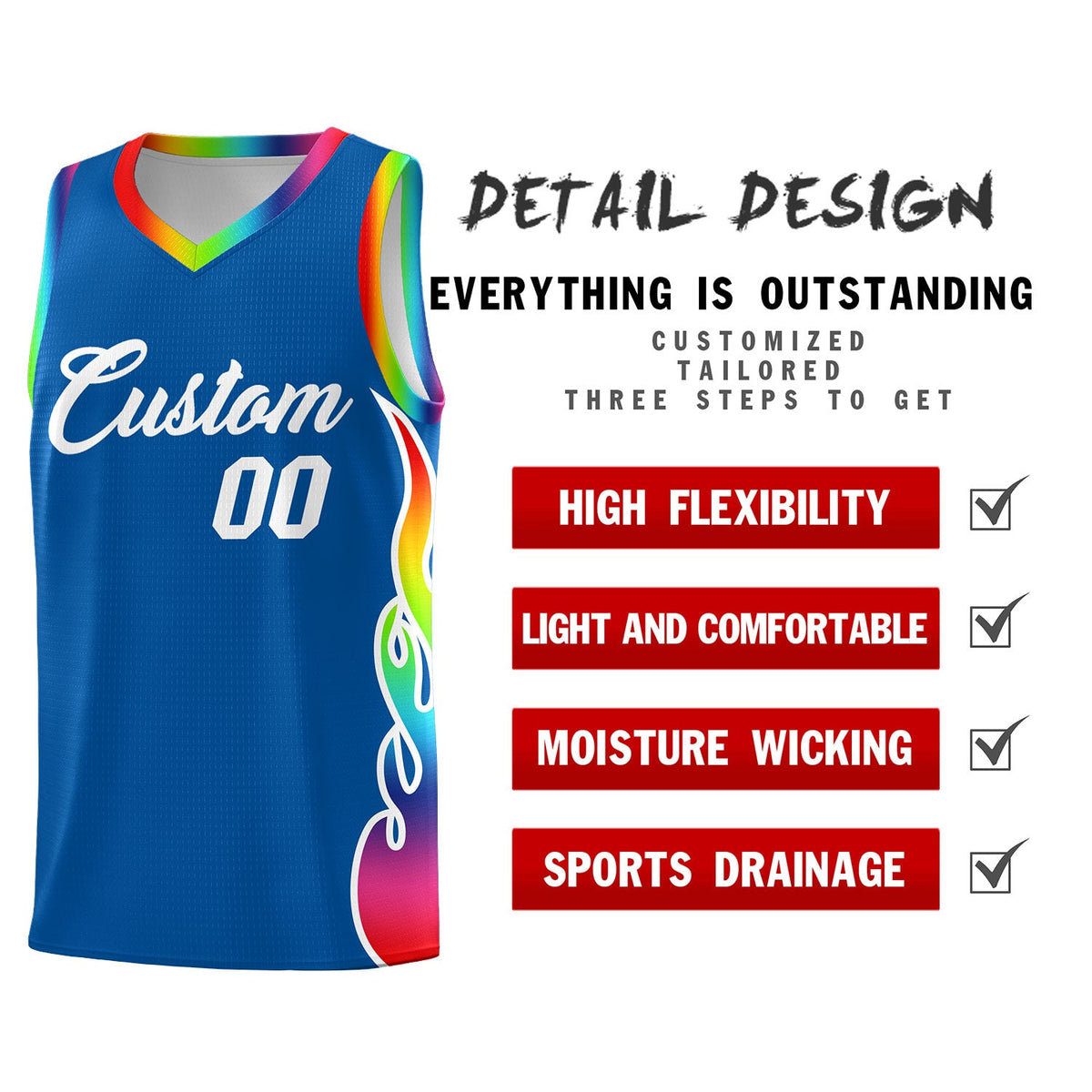 Custom Royal Side Flame Pattern Fashion Sports Uniform Basketball Jersey