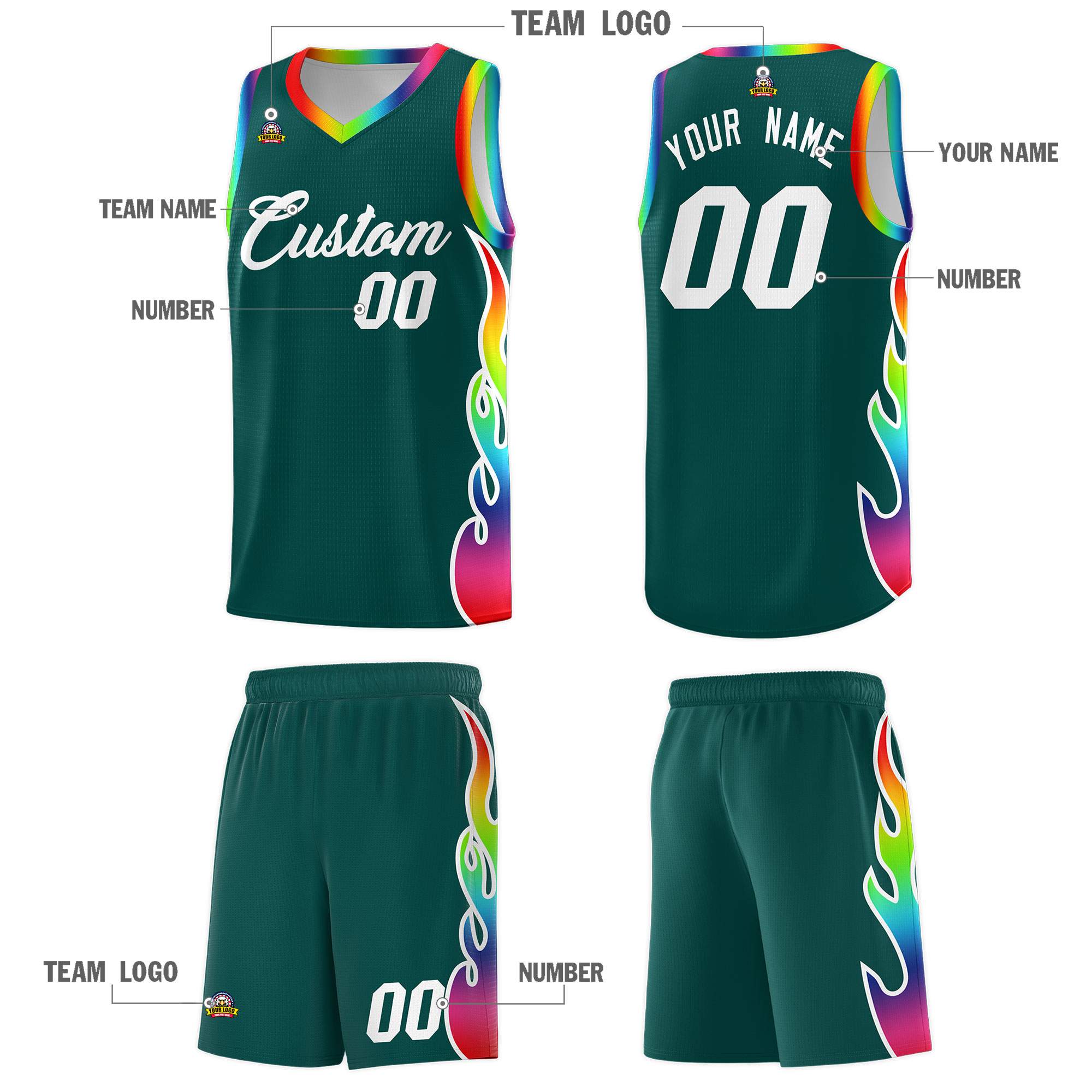 Custom Midnight Green Side Flame Pattern Fashion Sports Uniform Basketball Jersey