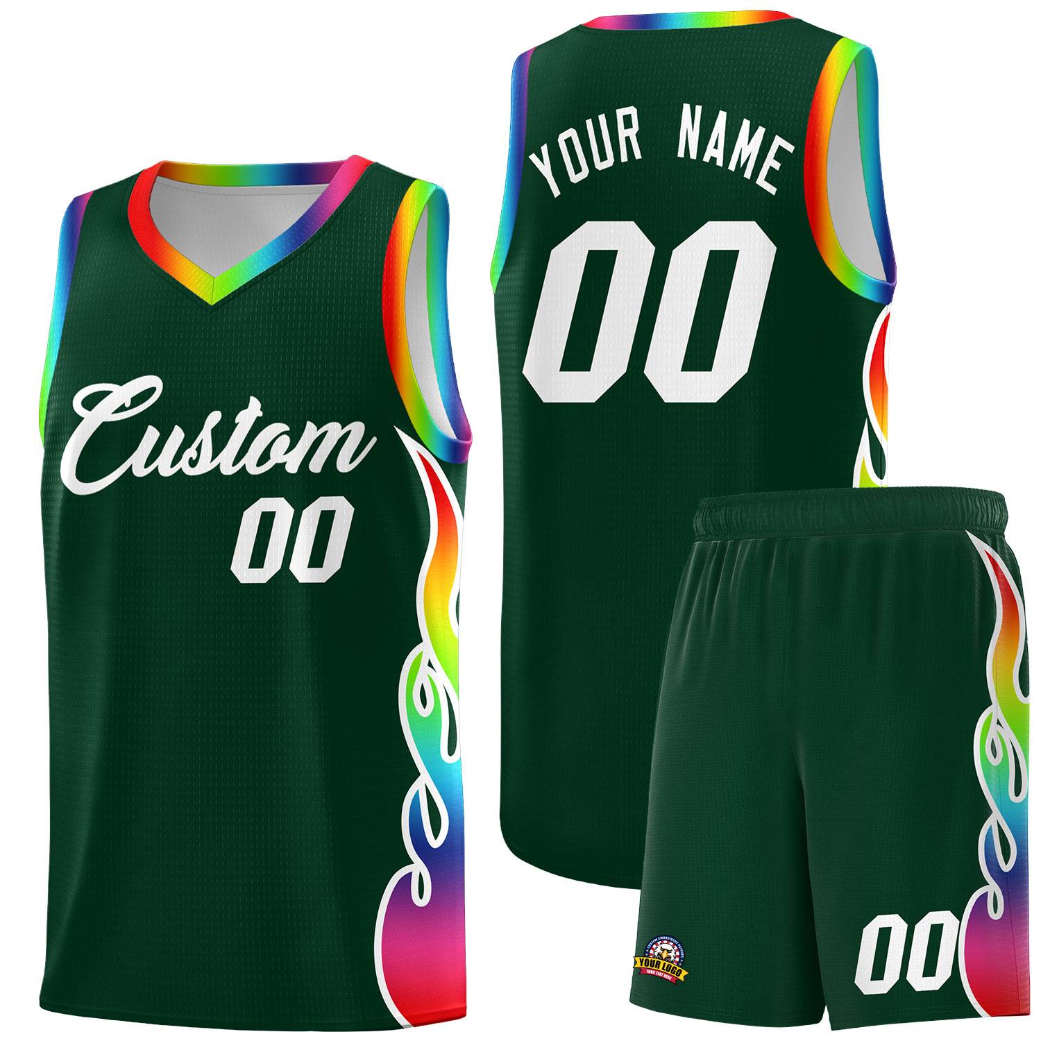 Custom Hunter Green Side Flame Pattern Fashion Sports Uniform Basketball Jersey